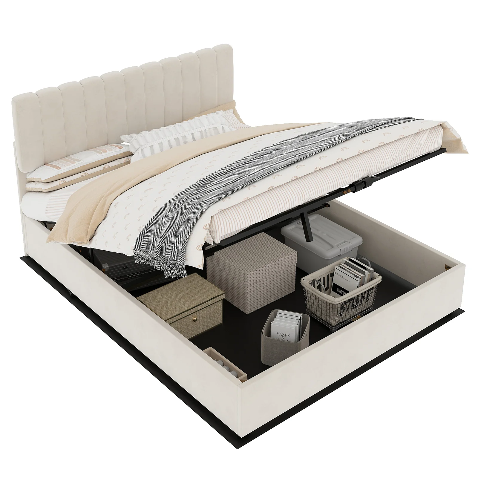 Upholstered Bed 140x200cm Gas Lift Storage Soft Headboard - Beige - Image 7