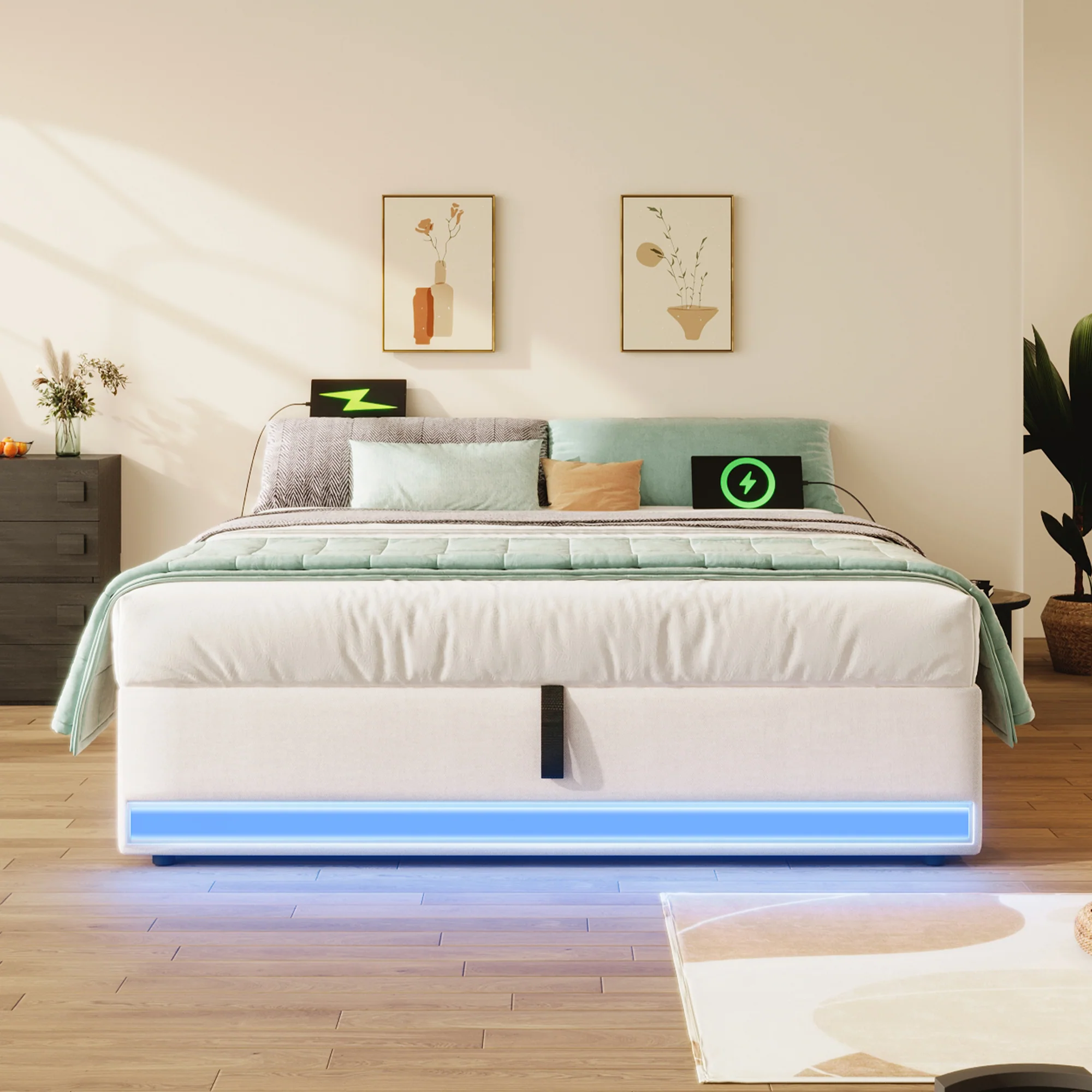 Upholstered Bed 140x200cm Hydraulic Storage LED USB/Type-C Pockets - Beige - Image 6