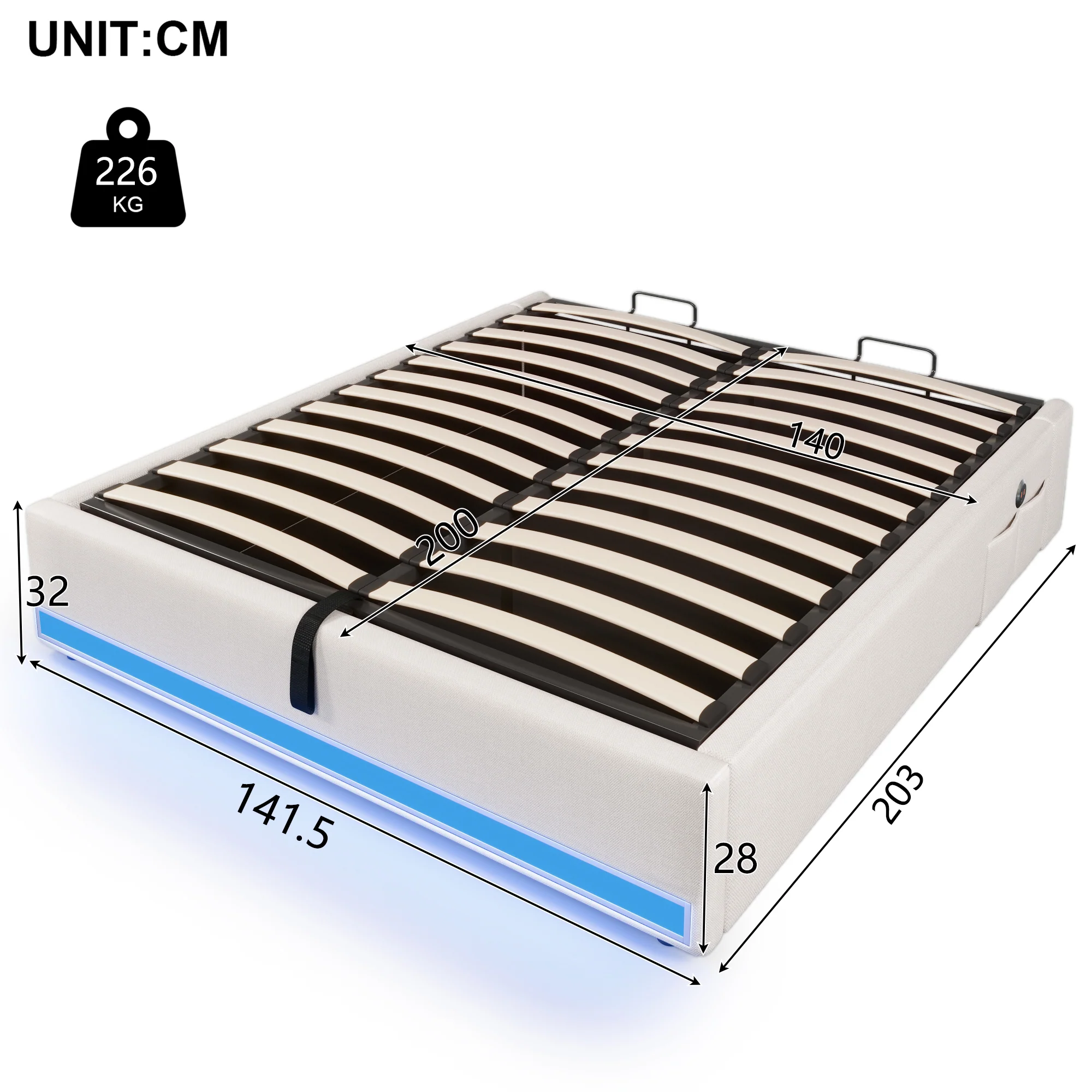 Upholstered Bed 140x200cm Hydraulic Storage LED USB/Type-C Pockets - Beige - Image 9