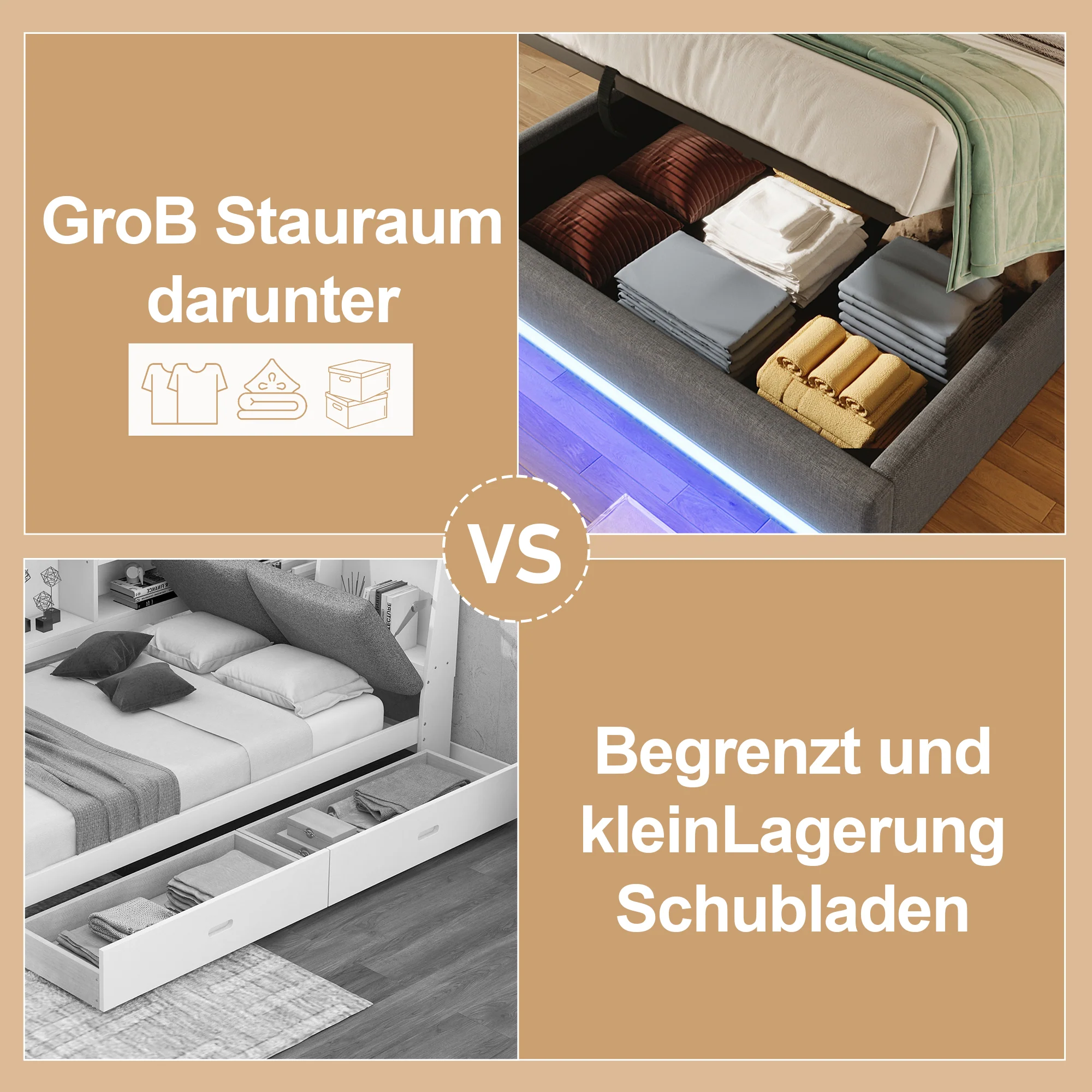 Upholstered Bed 140x200cm Hydraulic Storage LED USB/Type-C Pockets No Headboard - Grey - Image 2