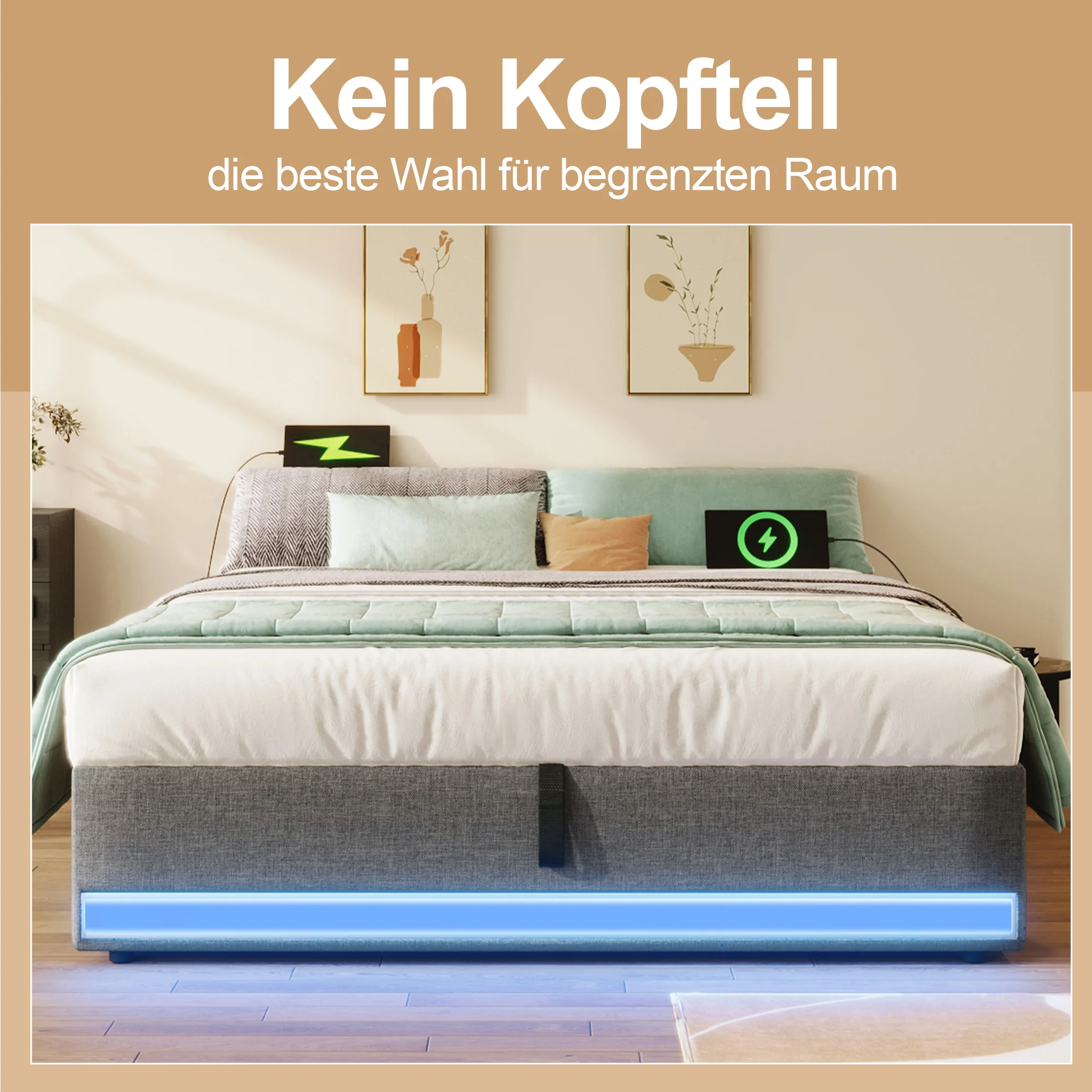 Upholstered Bed 140x200cm Hydraulic Storage LED USB/Type-C Pockets No Headboard - Grey - Image 3