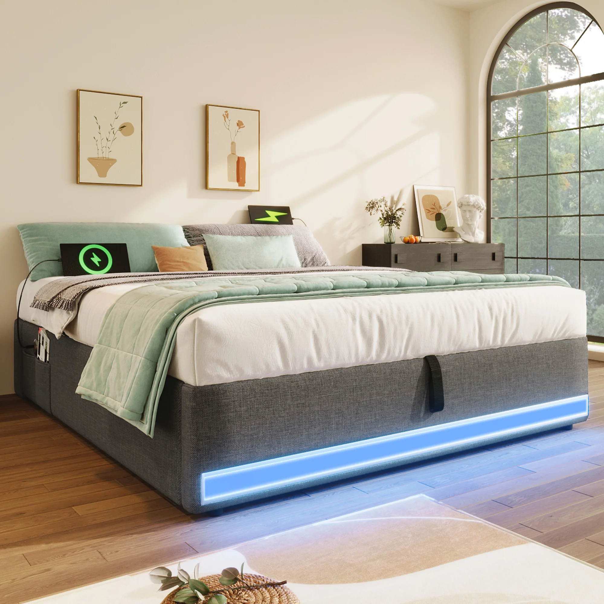 Upholstered Bed 140x200cm Hydraulic Storage LED USB/Type-C Pockets No Headboard - Grey - Image 4