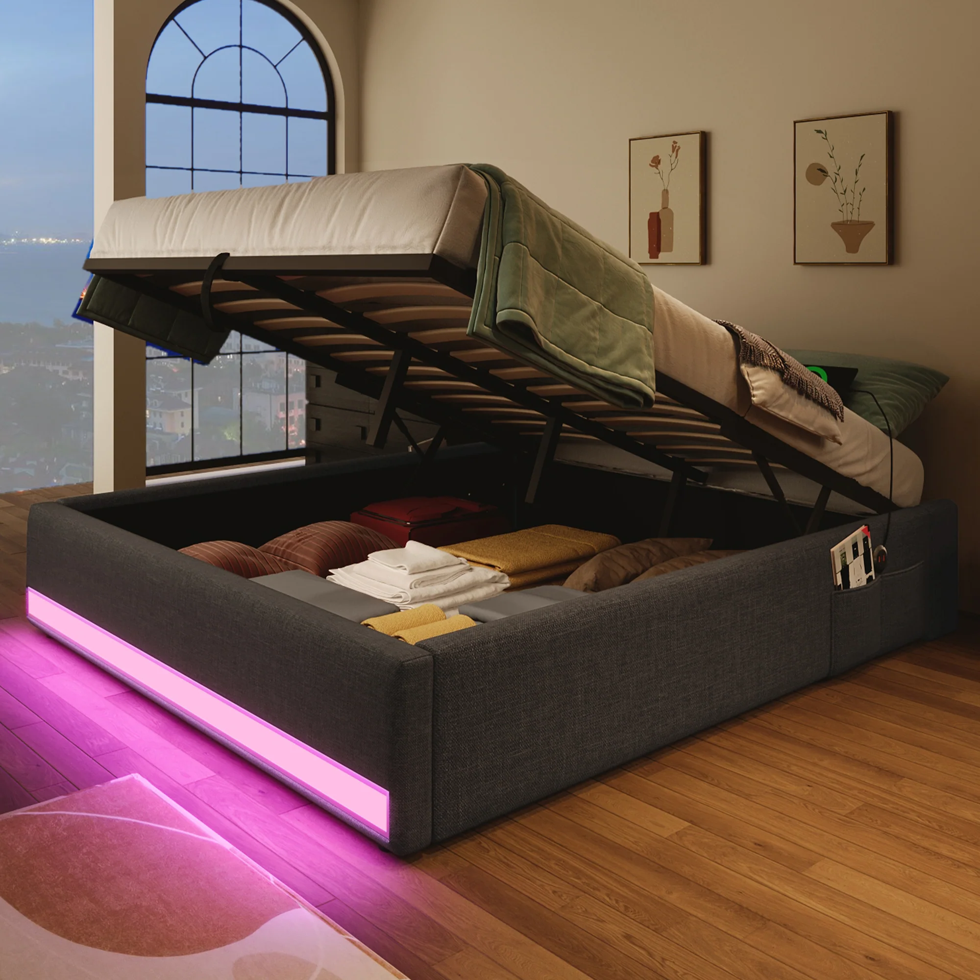 Upholstered Bed 140x200cm Hydraulic Storage LED USB/Type-C Pockets No Headboard - Grey - Image 5