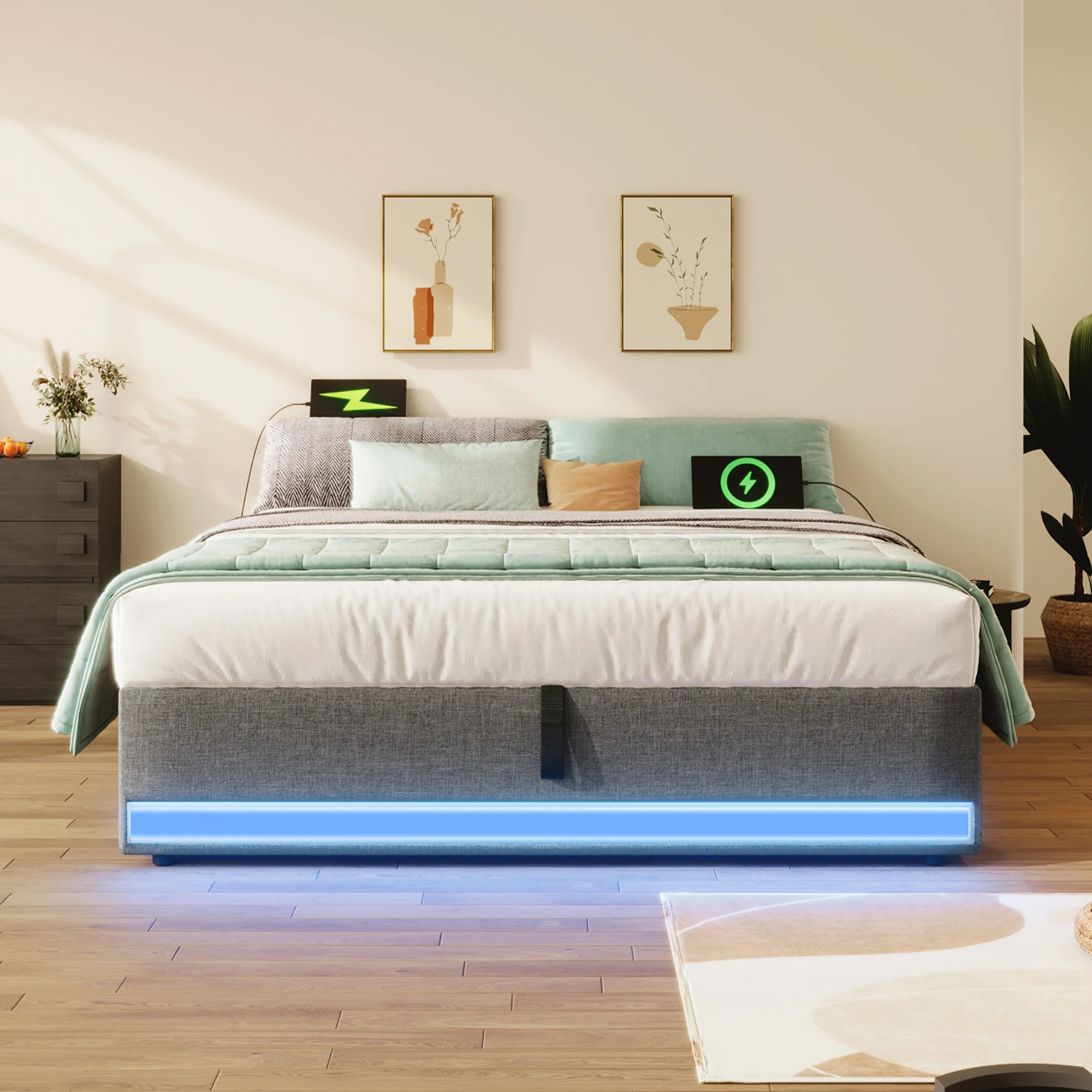Upholstered Bed 140x200cm Hydraulic Storage LED USB/Type-C Pockets No Headboard - Grey - Image 6