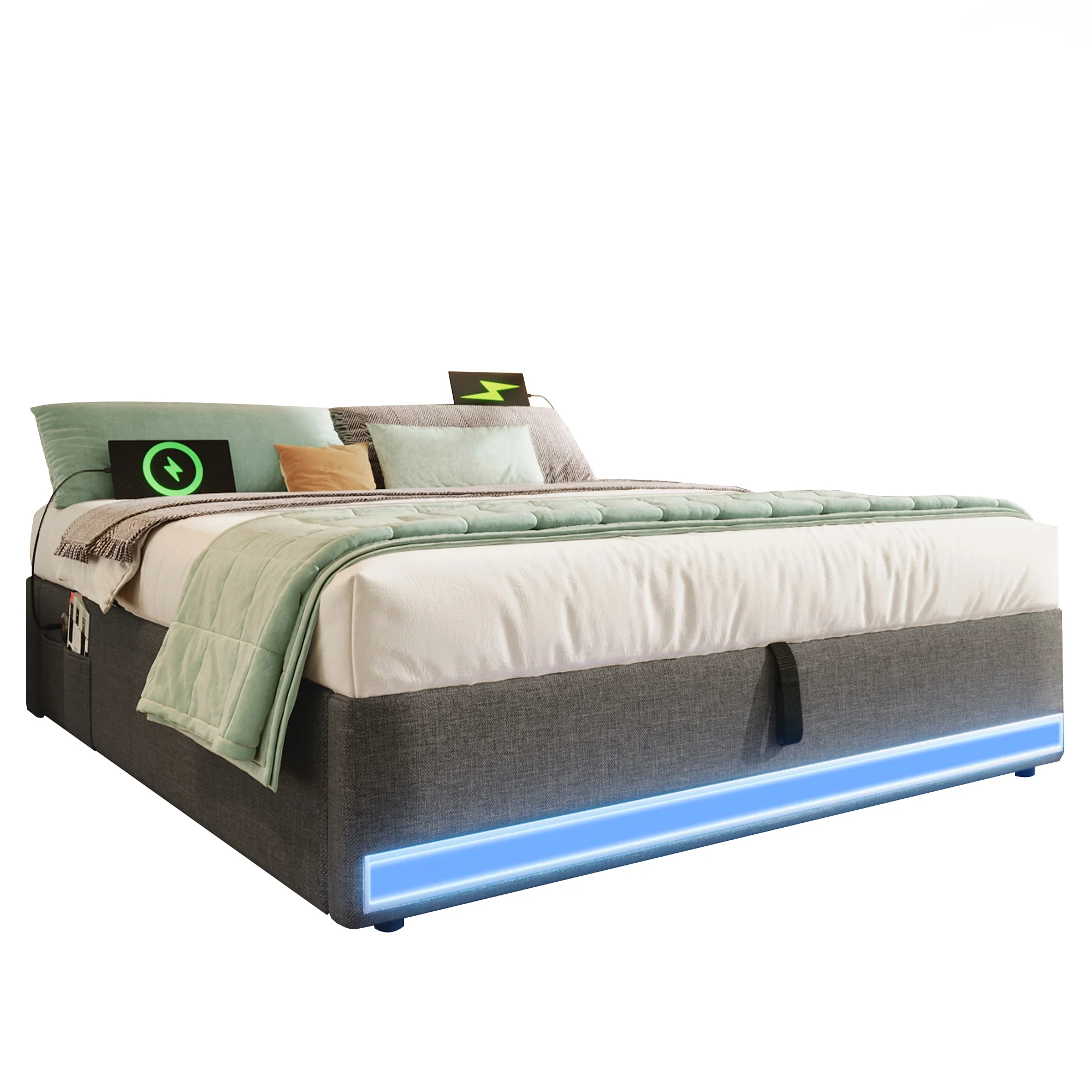 Upholstered Bed 140x200cm Hydraulic Storage LED USB/Type-C Pockets No Headboard - Grey - Image 7
