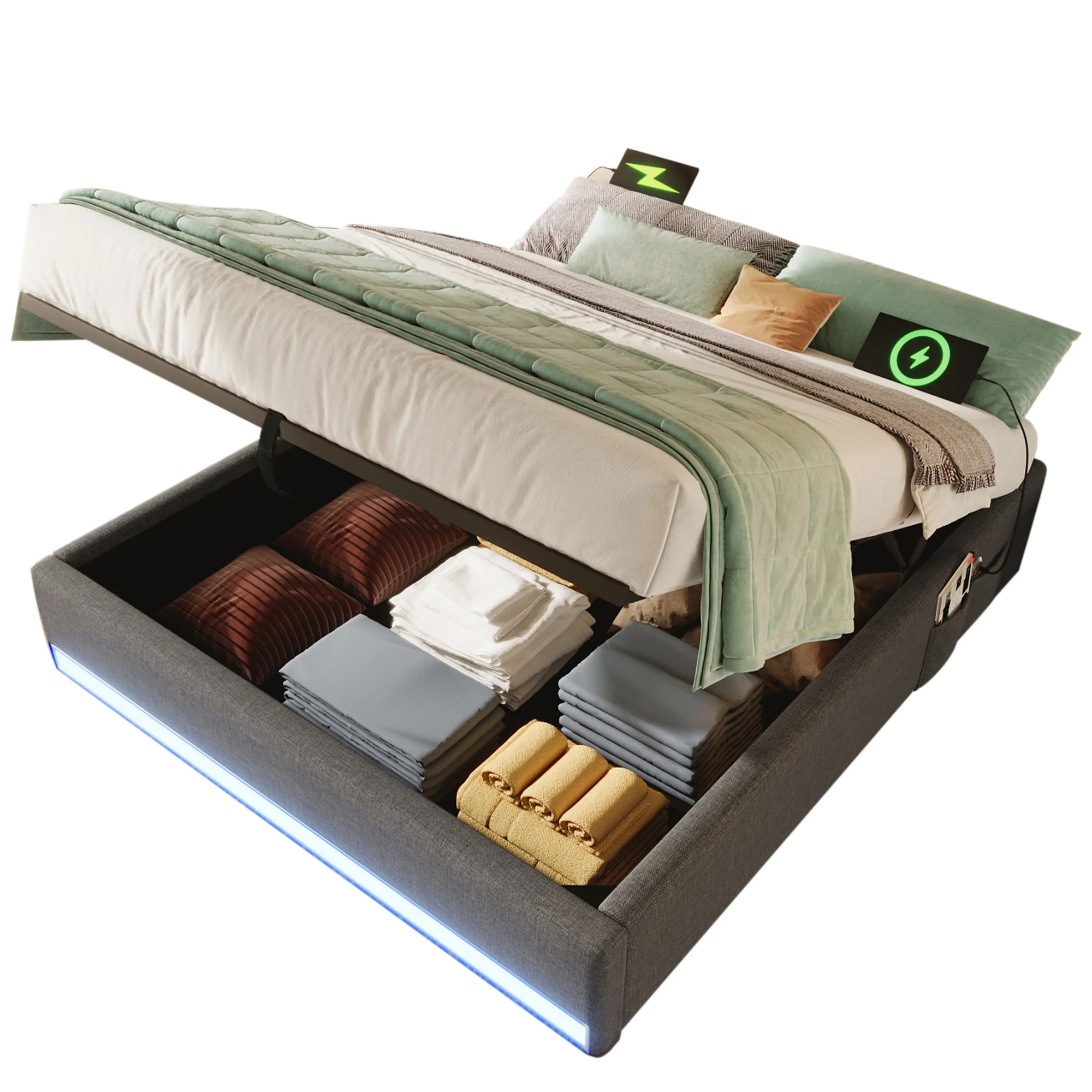 Upholstered Bed 140x200cm Hydraulic Storage LED USB/Type-C Pockets No Headboard - Grey - Image 8