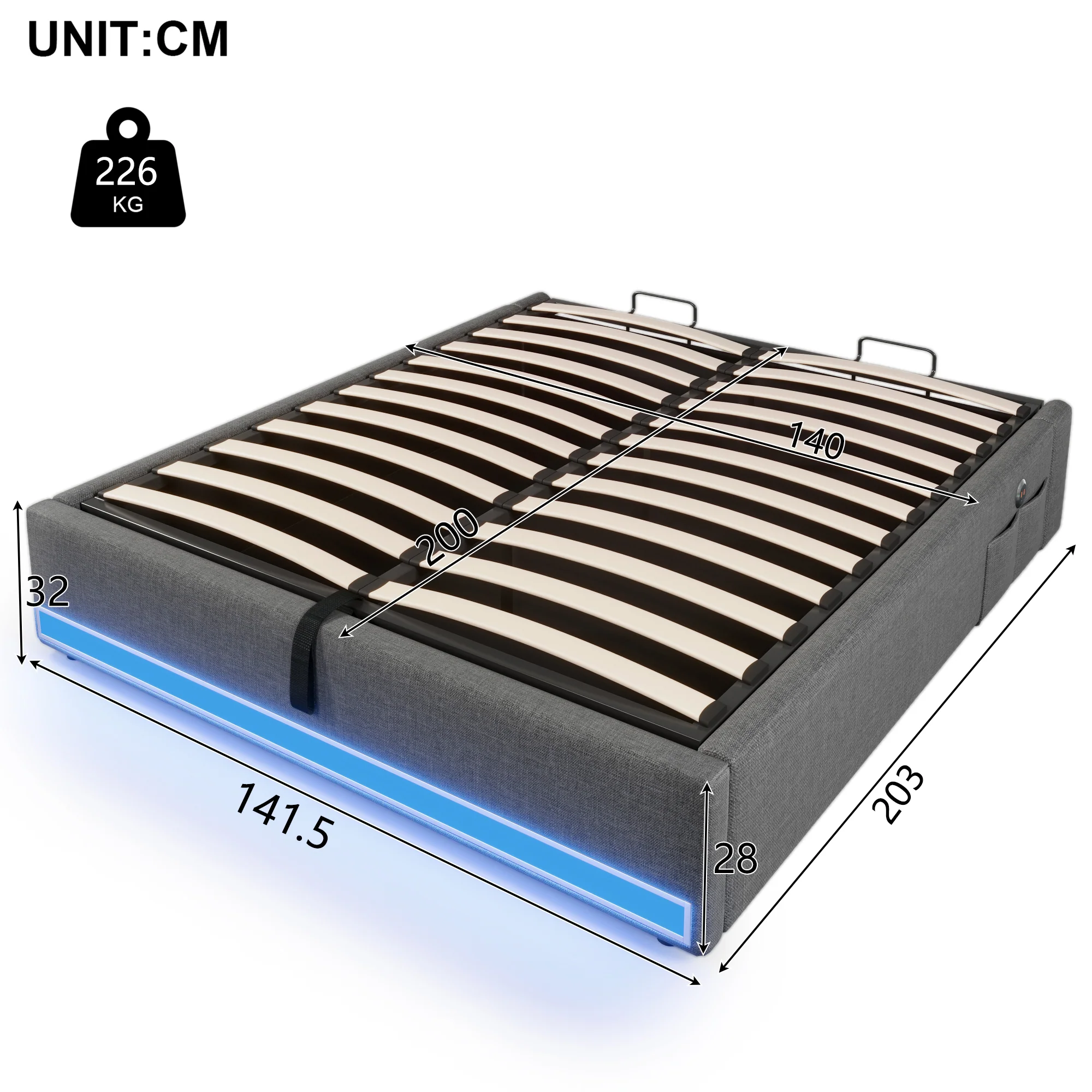 Upholstered Bed 140x200cm Hydraulic Storage LED USB/Type-C Pockets No Headboard - Grey - Image 9