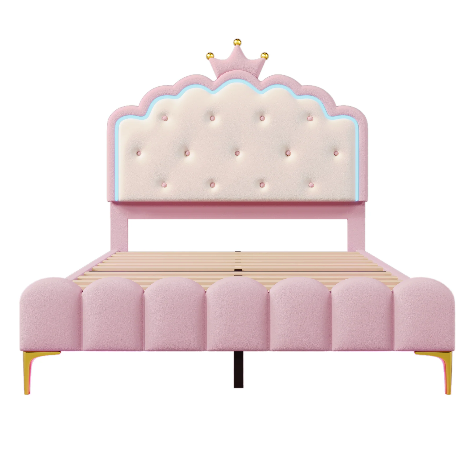 Upholstered Bed 140x200cm Princess Shape Ambient Light PU Pink - Image 10