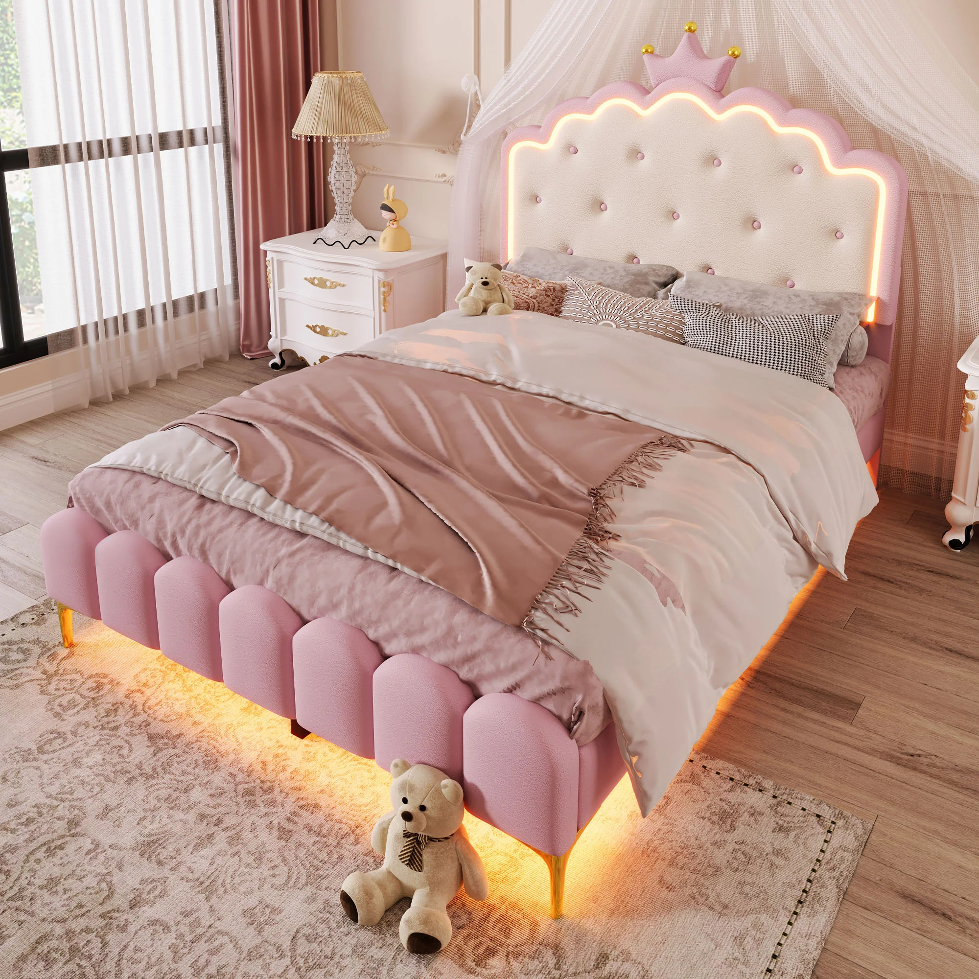 Upholstered Bed 140x200cm Princess Shape Ambient Light PU Pink - Image 4