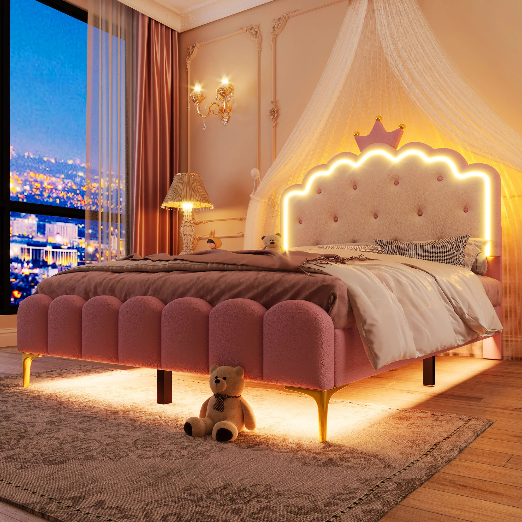Upholstered Bed 140x200cm Princess Shape Ambient Light PU Pink - Image 5