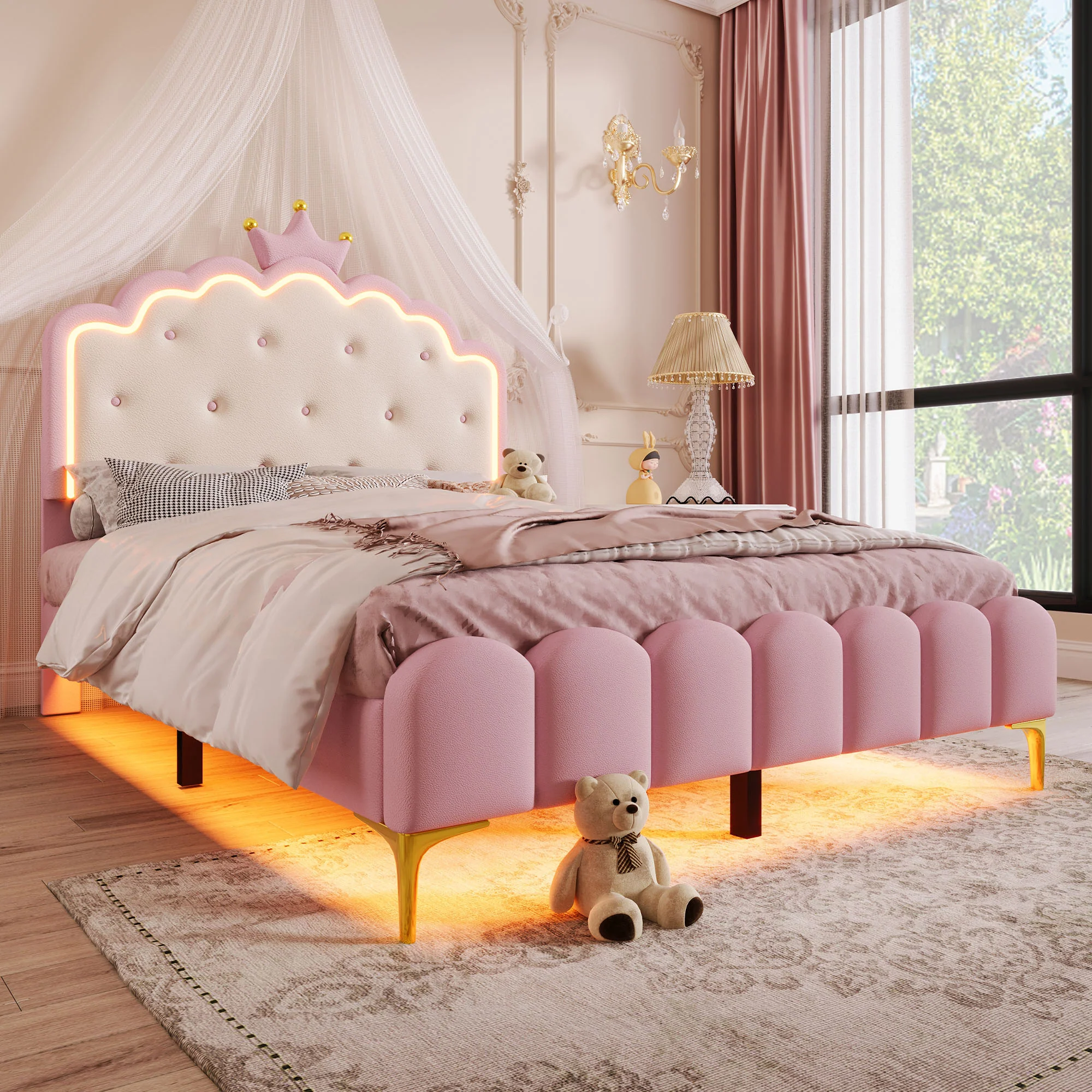 Upholstered Bed 140x200cm Princess Shape Ambient Light PU Pink - Image 6