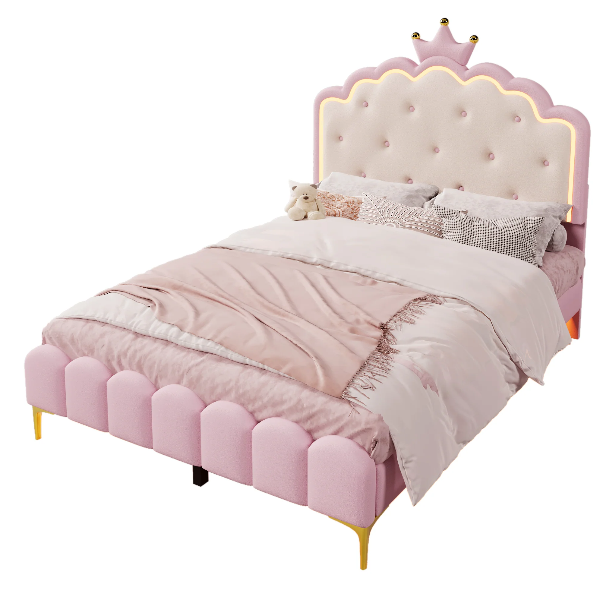 Upholstered Bed 140x200cm Princess Shape Ambient Light PU Pink - Image 7