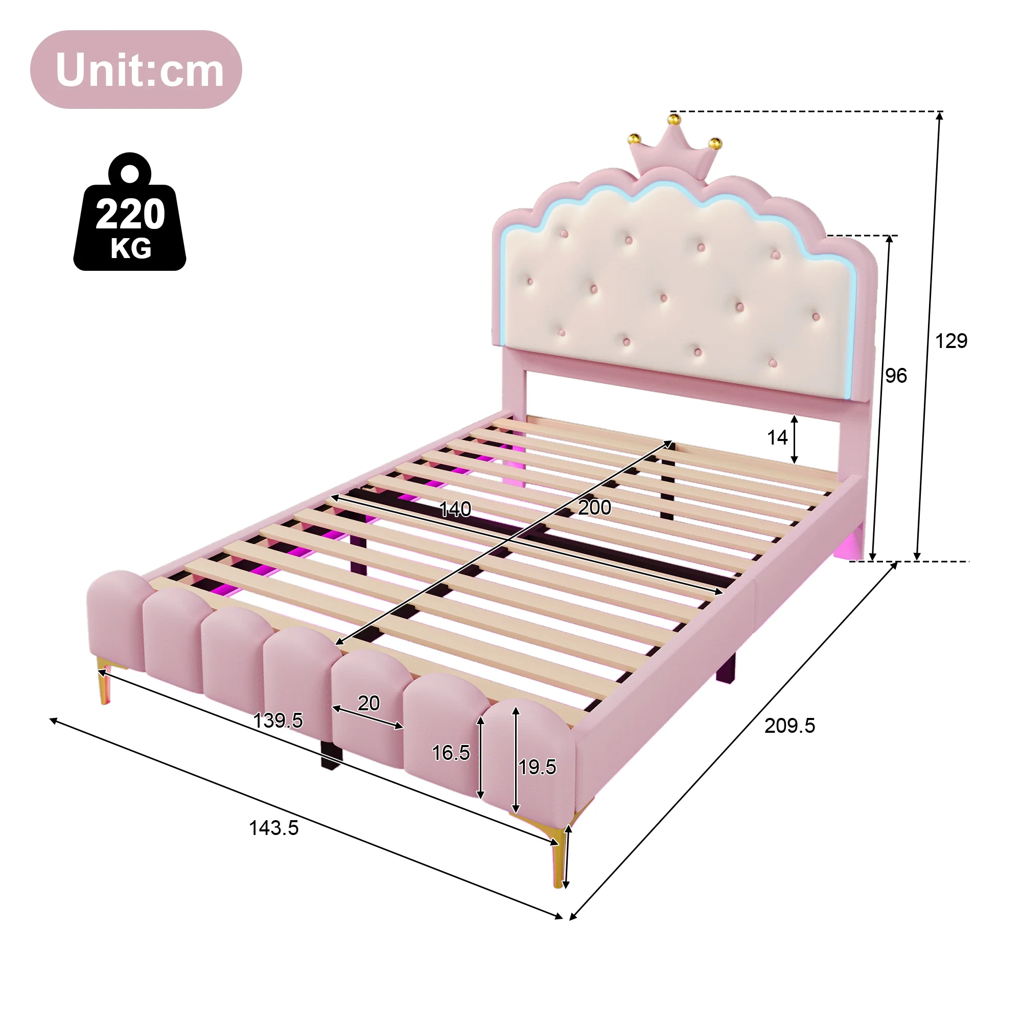 Upholstered Bed 140x200cm Princess Shape Ambient Light PU Pink - Image 8