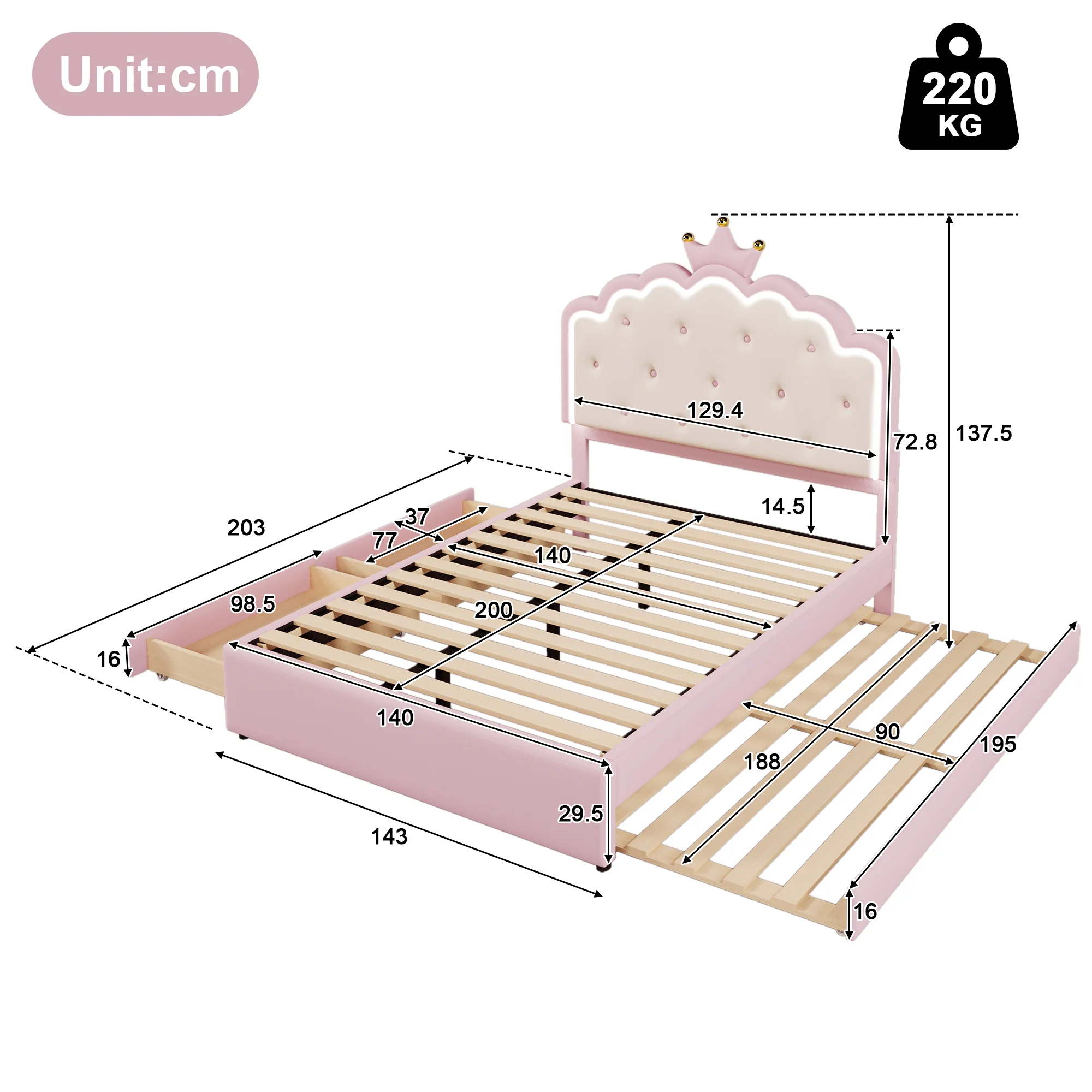 Upholstered Bed 140x200cm Pull-out 2 Drawers Ambient LED Princess Design - Pink PU - Image 10