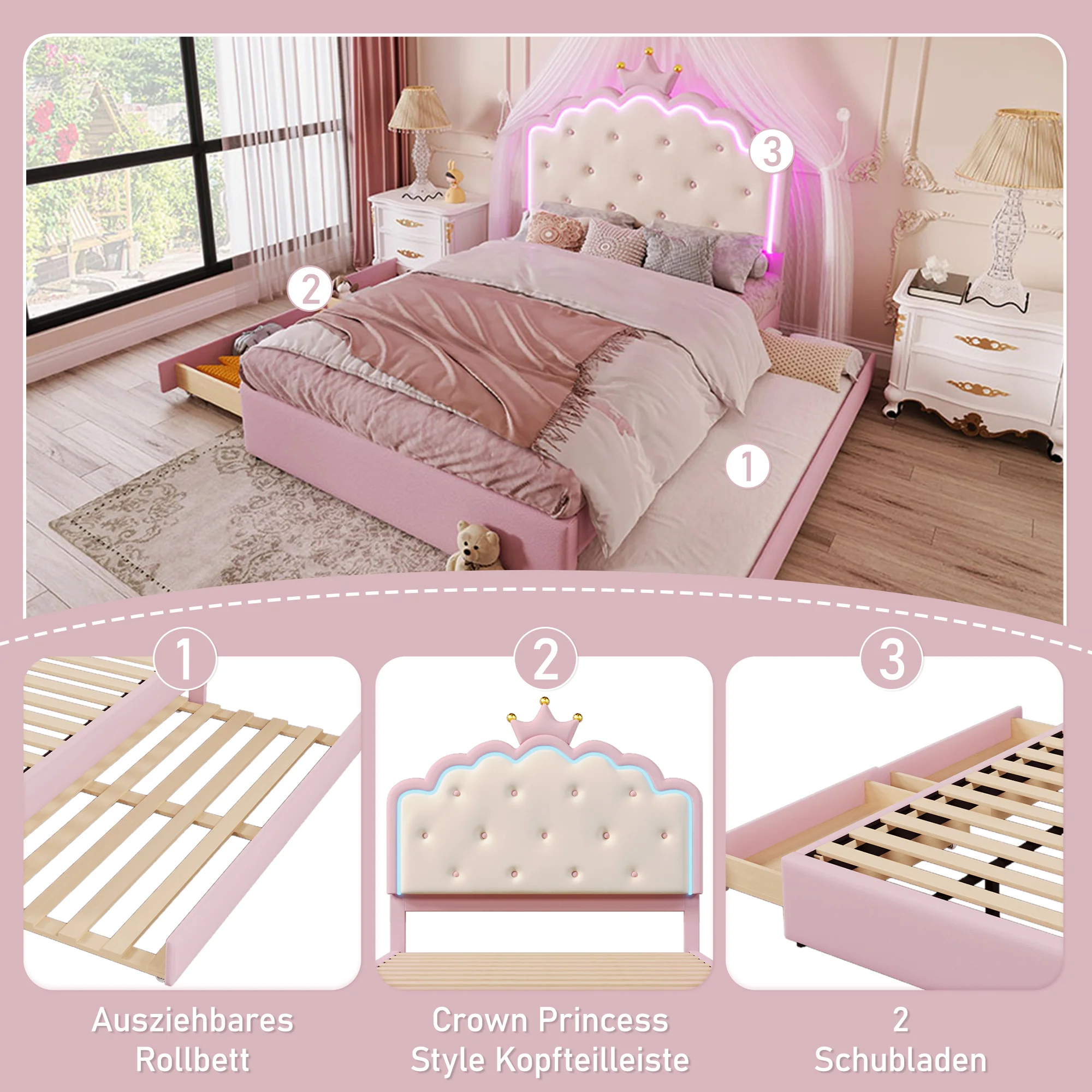 Upholstered Bed 140x200cm Pull-out 2 Drawers Ambient LED Princess Design - Pink PU - Image 3