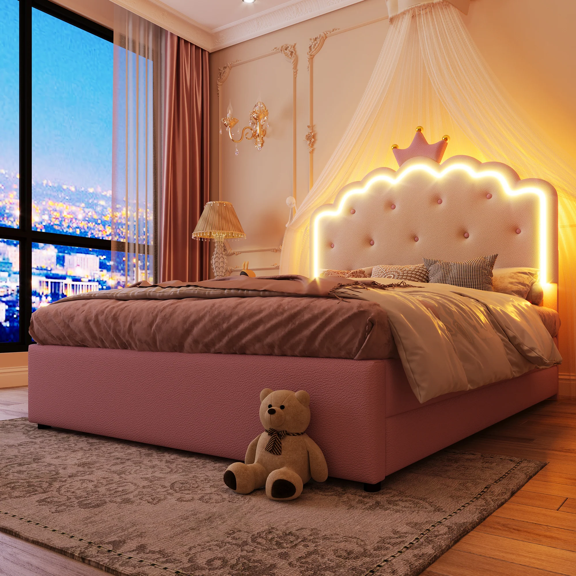 Upholstered Bed 140x200cm Pull-out 2 Drawers Ambient LED Princess Design - Pink PU - Image 4