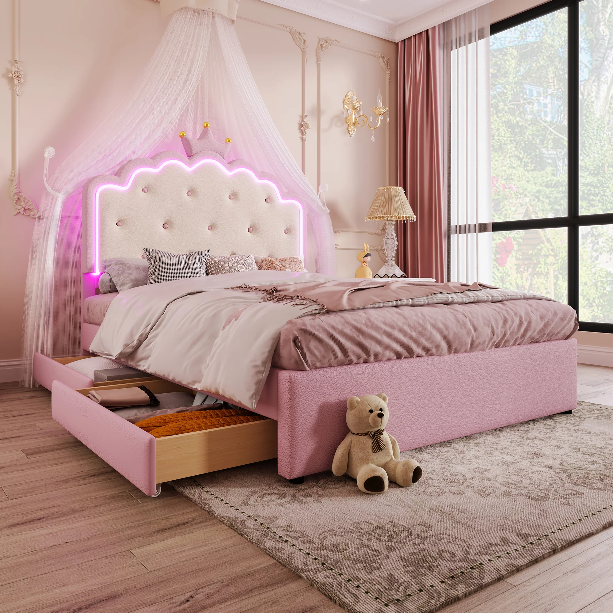 Upholstered Bed 140x200cm Pull-out 2 Drawers Ambient LED Princess Design - Pink PU - Image 5