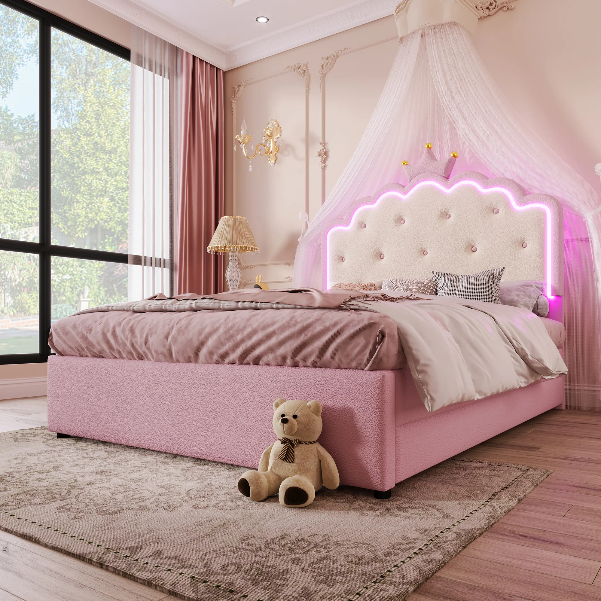 Upholstered Bed 140x200cm Pull-out 2 Drawers Ambient LED Princess Design - Pink PU - Image 6