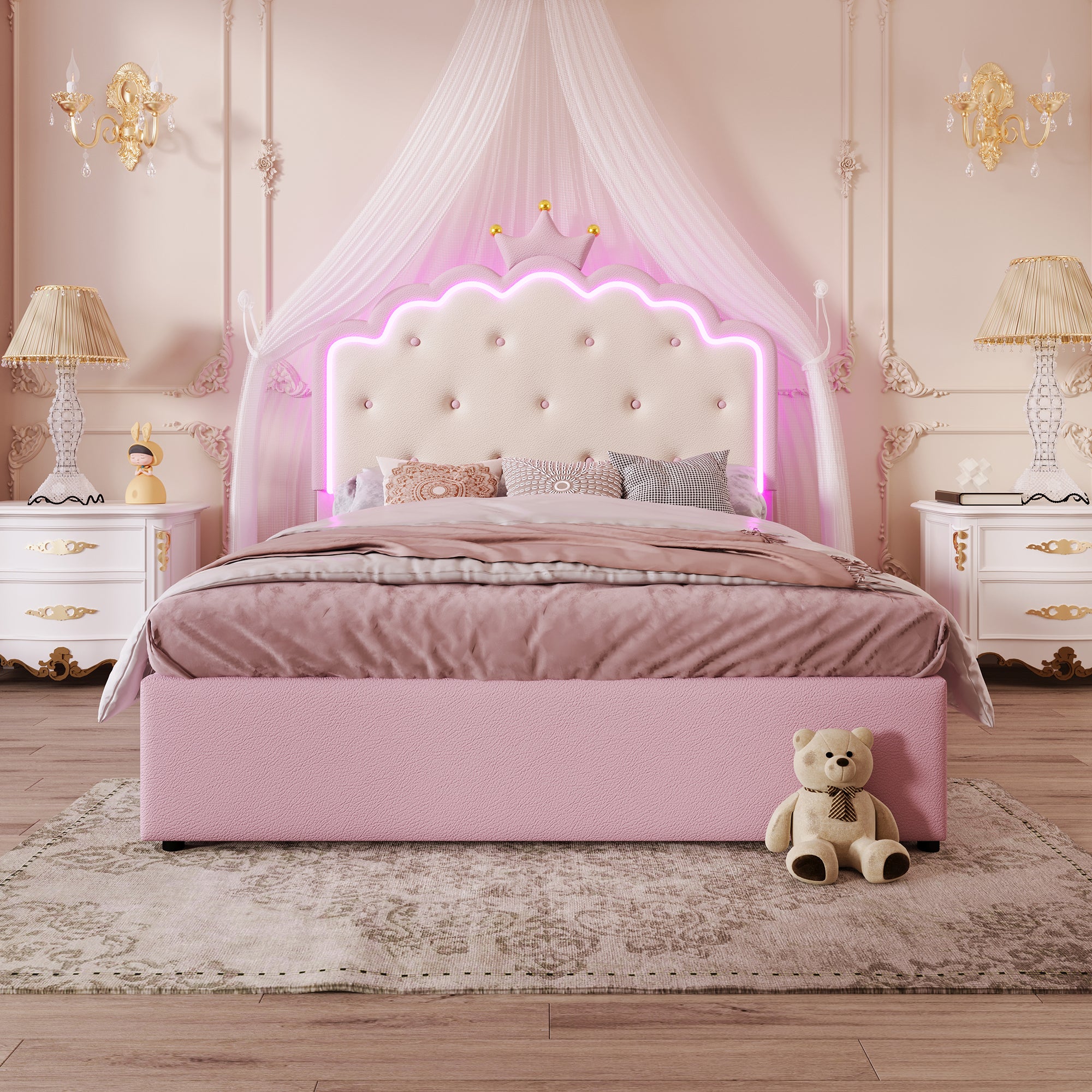 Upholstered Bed 140x200cm Pull-out 2 Drawers Ambient LED Princess Design - Pink PU - Image 7
