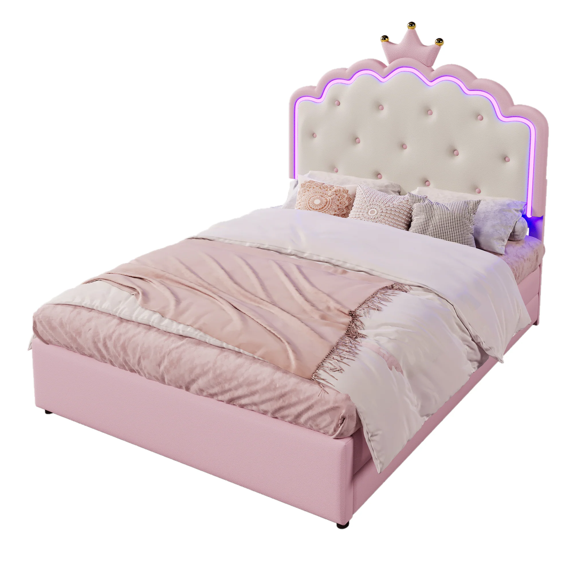 Upholstered Bed 140x200cm Pull-out 2 Drawers Ambient LED Princess Design - Pink PU - Image 8