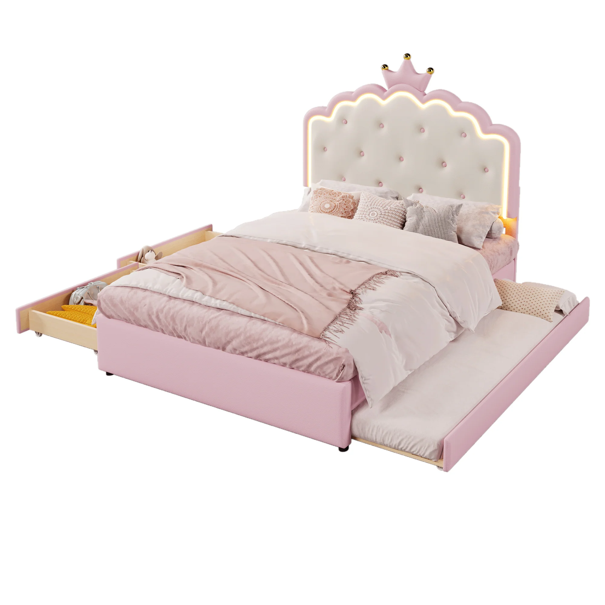 Upholstered Bed 140x200cm Pull-out 2 Drawers Ambient LED Princess Design - Pink PU - Image 9