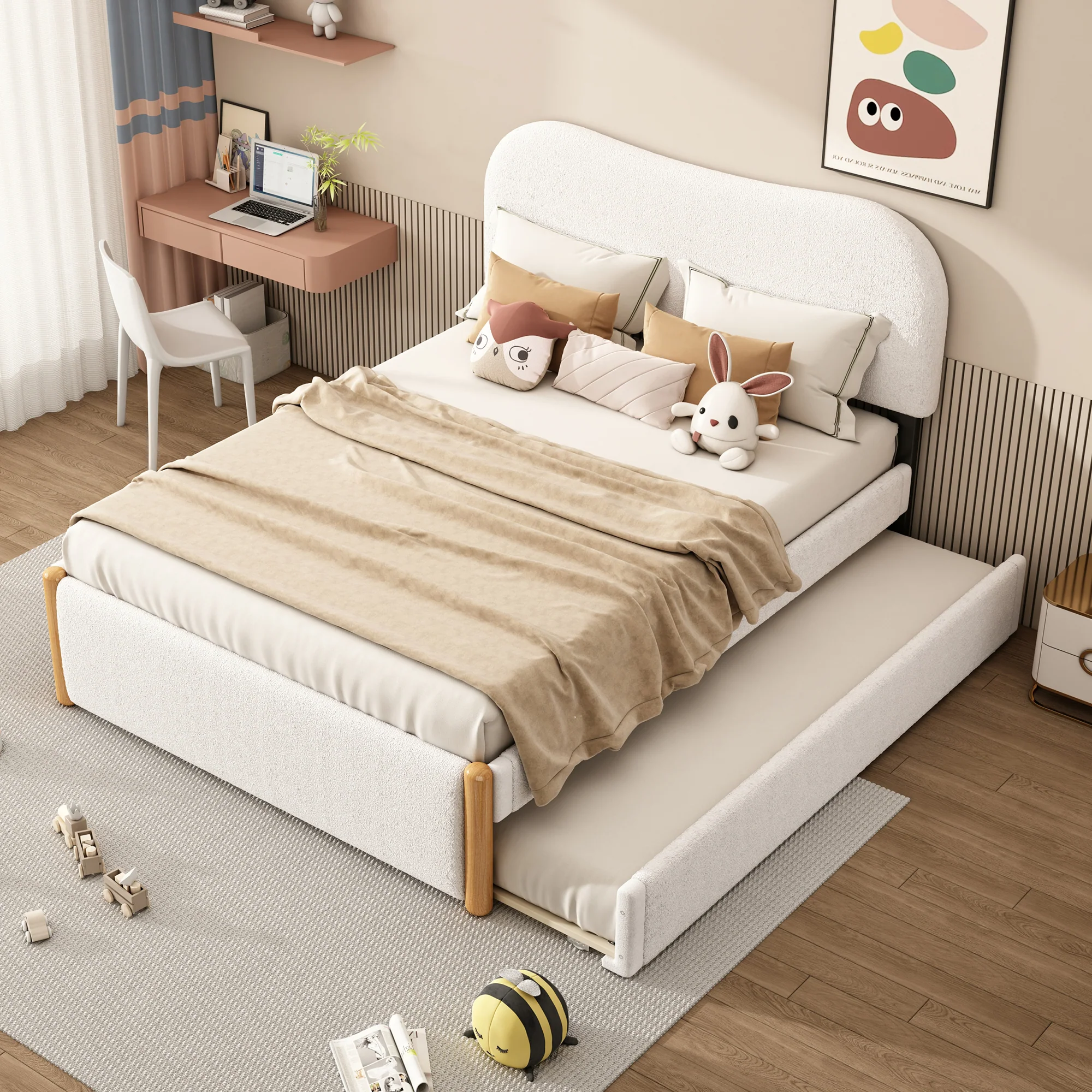 Upholstered Bed 140x200cm Pull-out Rollaway Bed - White