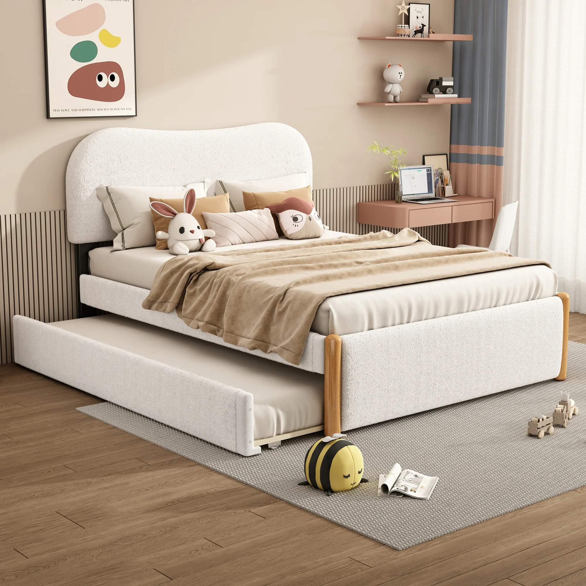 Upholstered Bed 140x200cm Pull-out Rollaway Bed - White - Image 2