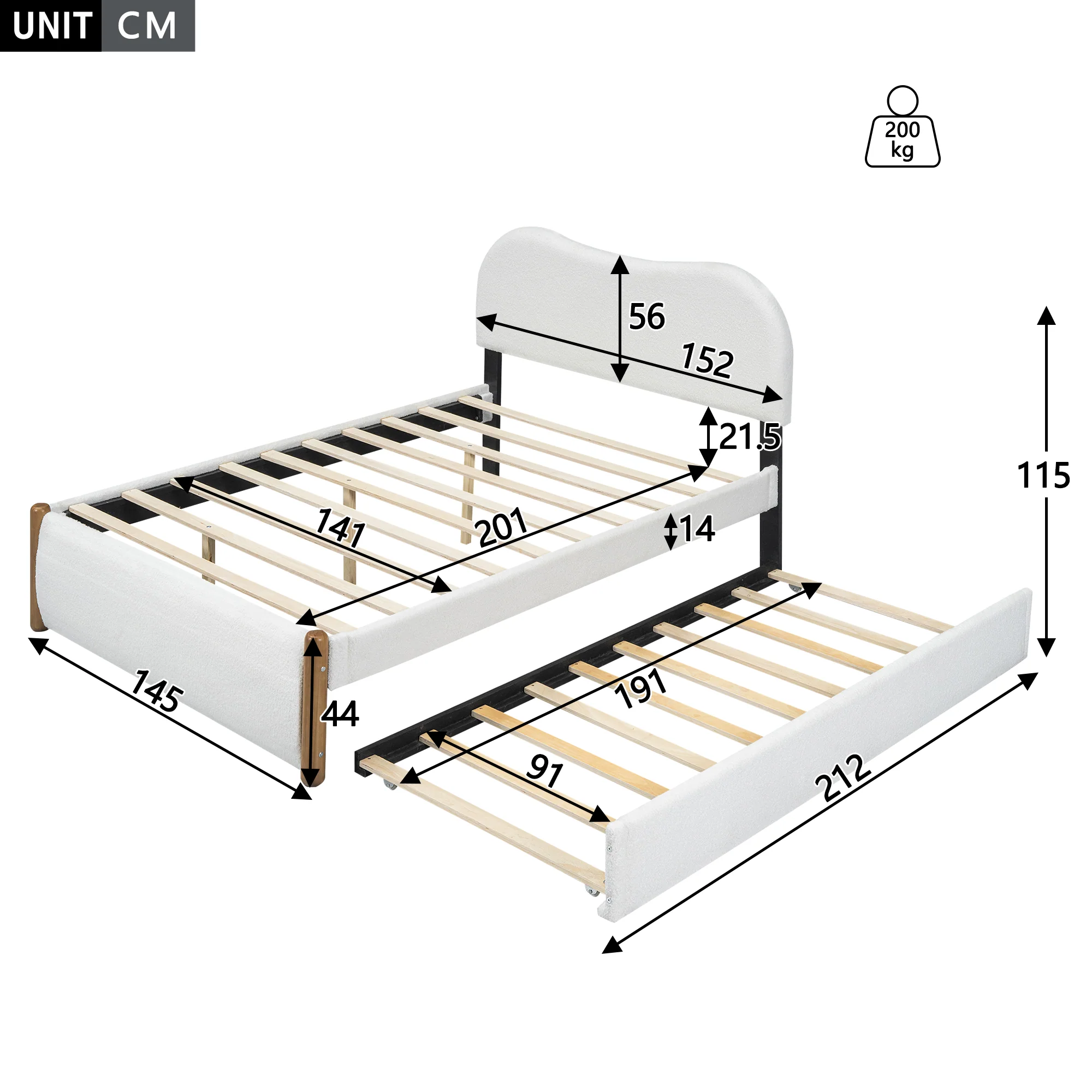 Upholstered Bed 140x200cm Pull-out Rollaway Bed - White - Image 5