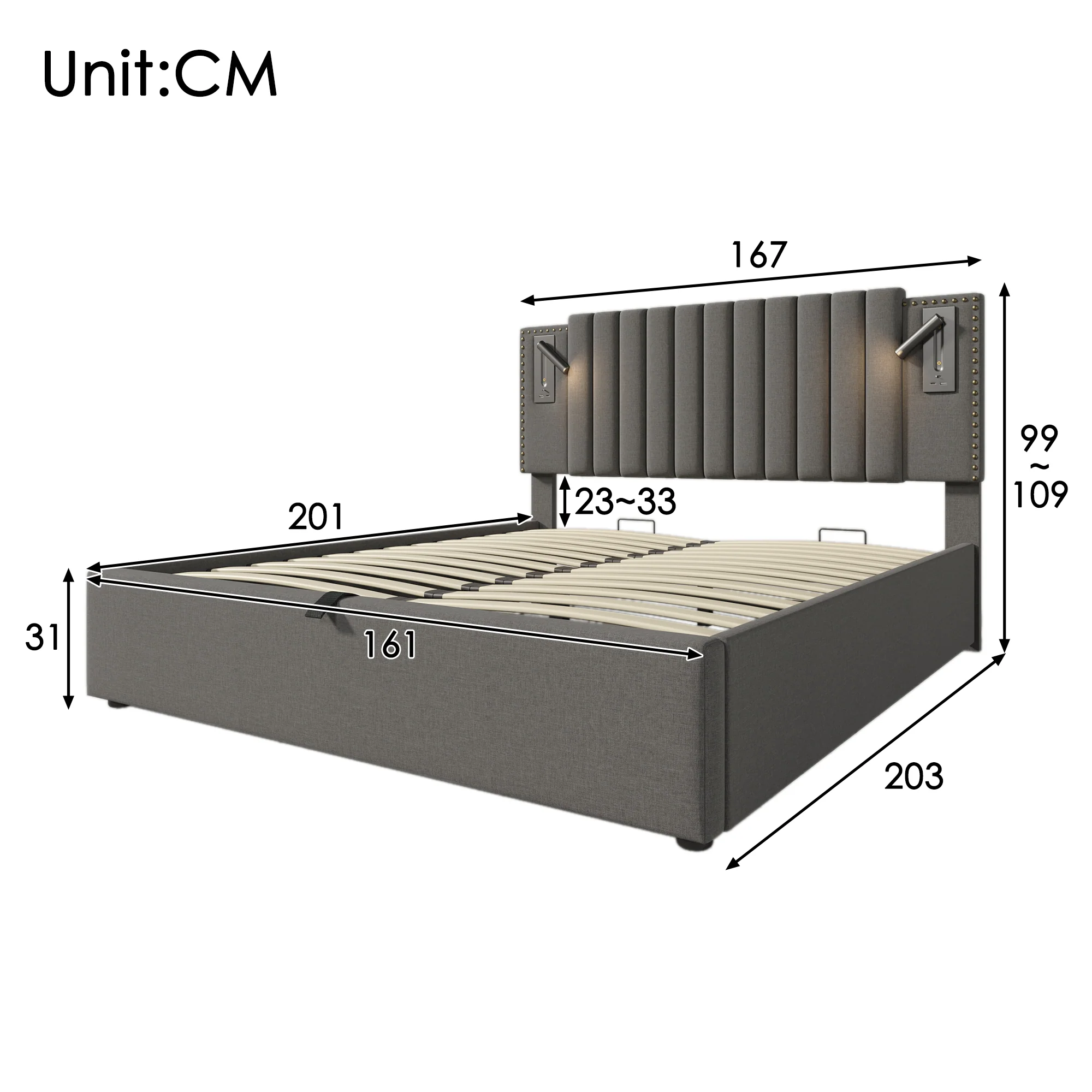 Upholstered Bed 160x200, Double Bed with Storage, Reading Light, Rivet Headboard, Gray Cotton - Image 4