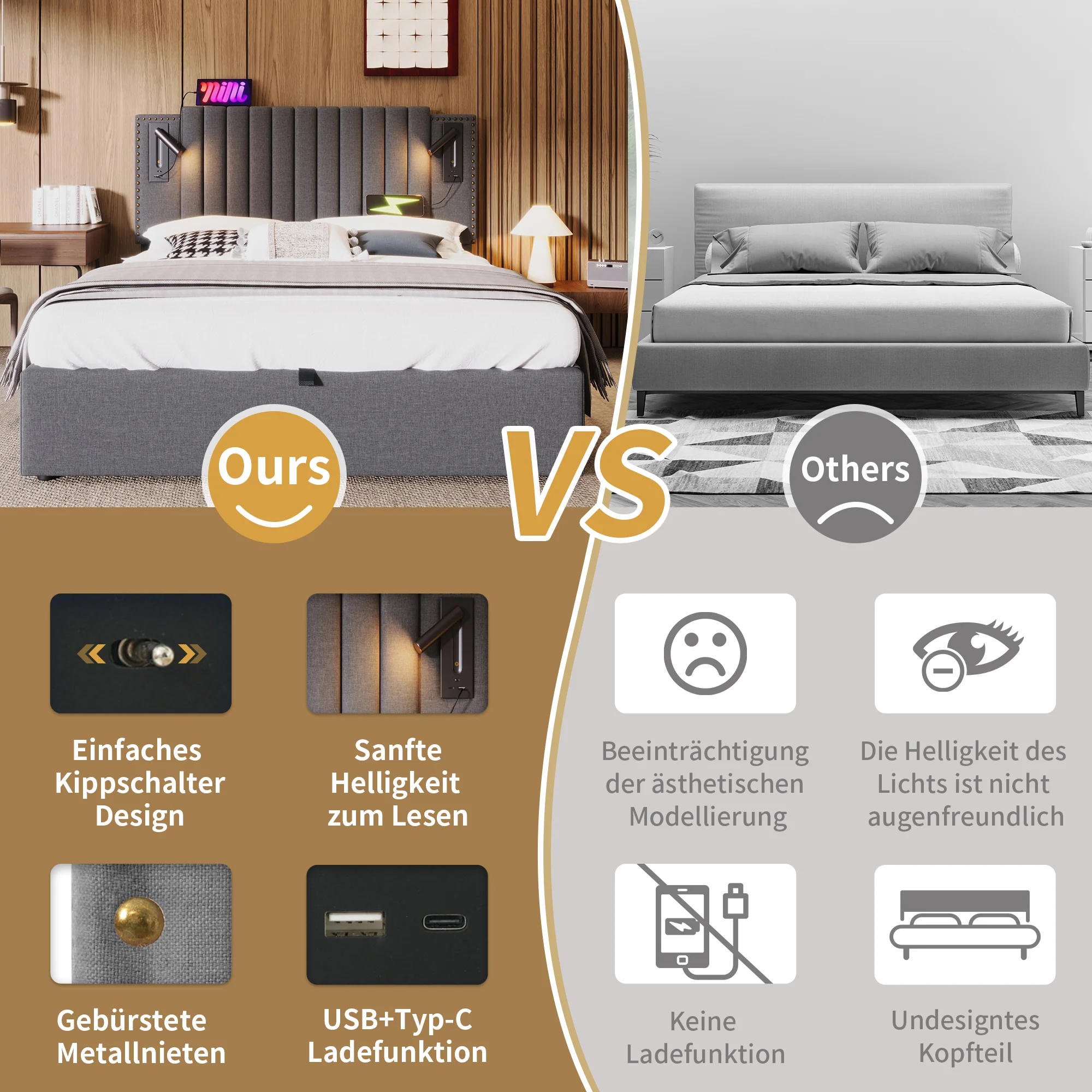 Upholstered Bed 160x200, Double Bed with Storage, Reading Light, Rivet Headboard, Gray Cotton - Image 6