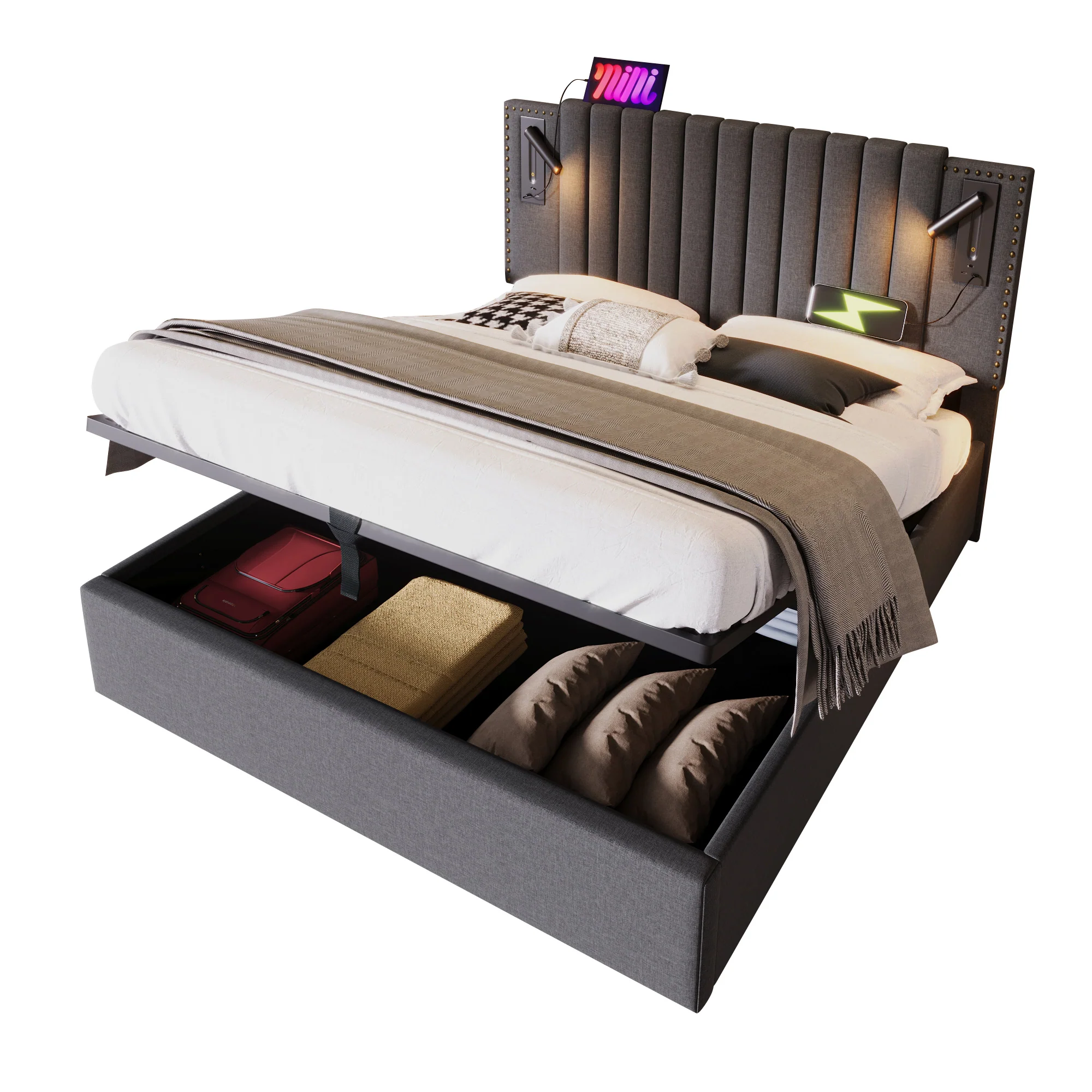 Upholstered Bed 160x200, Double Bed with Storage, Reading Light, Rivet Headboard, Gray Cotton - Image 7