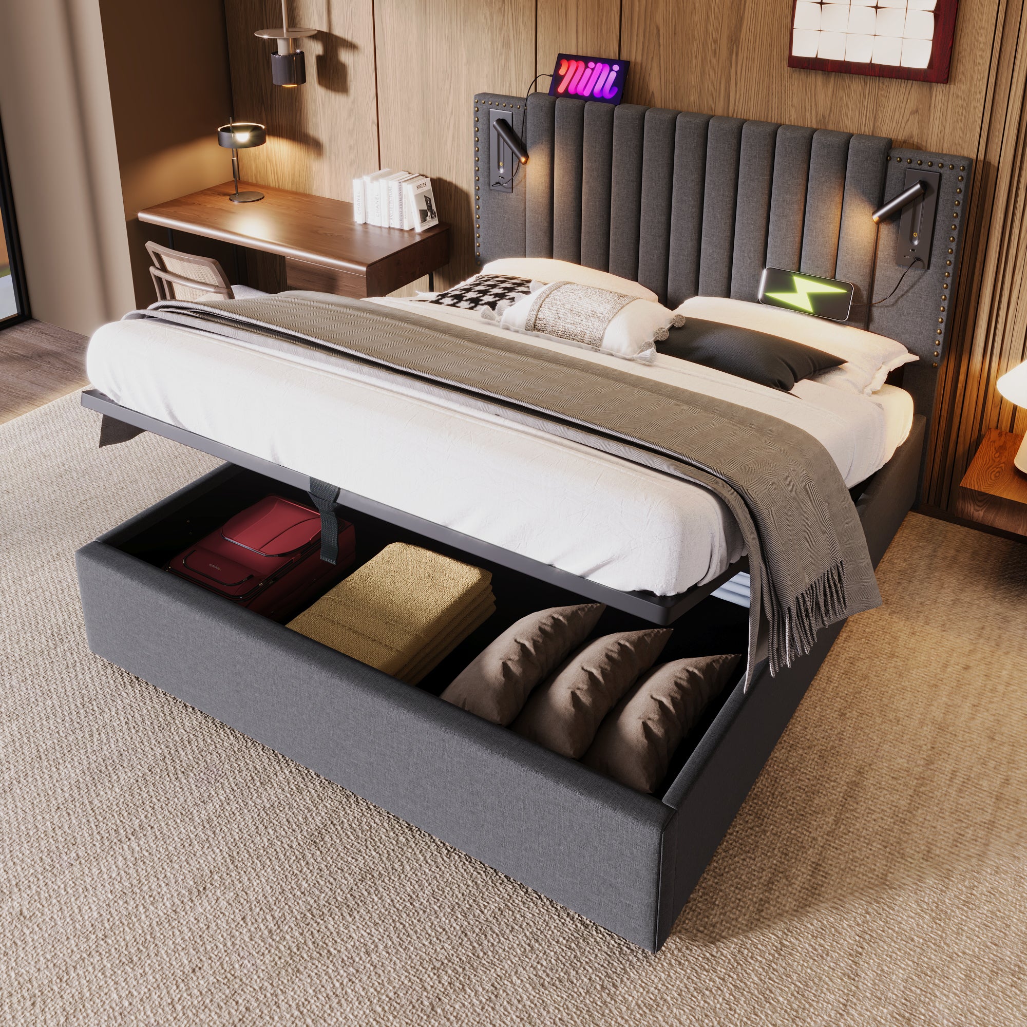 Upholstered Bed 160x200, Double Bed with Storage, Reading Light, Rivet Headboard, Gray Cotton - Image 8