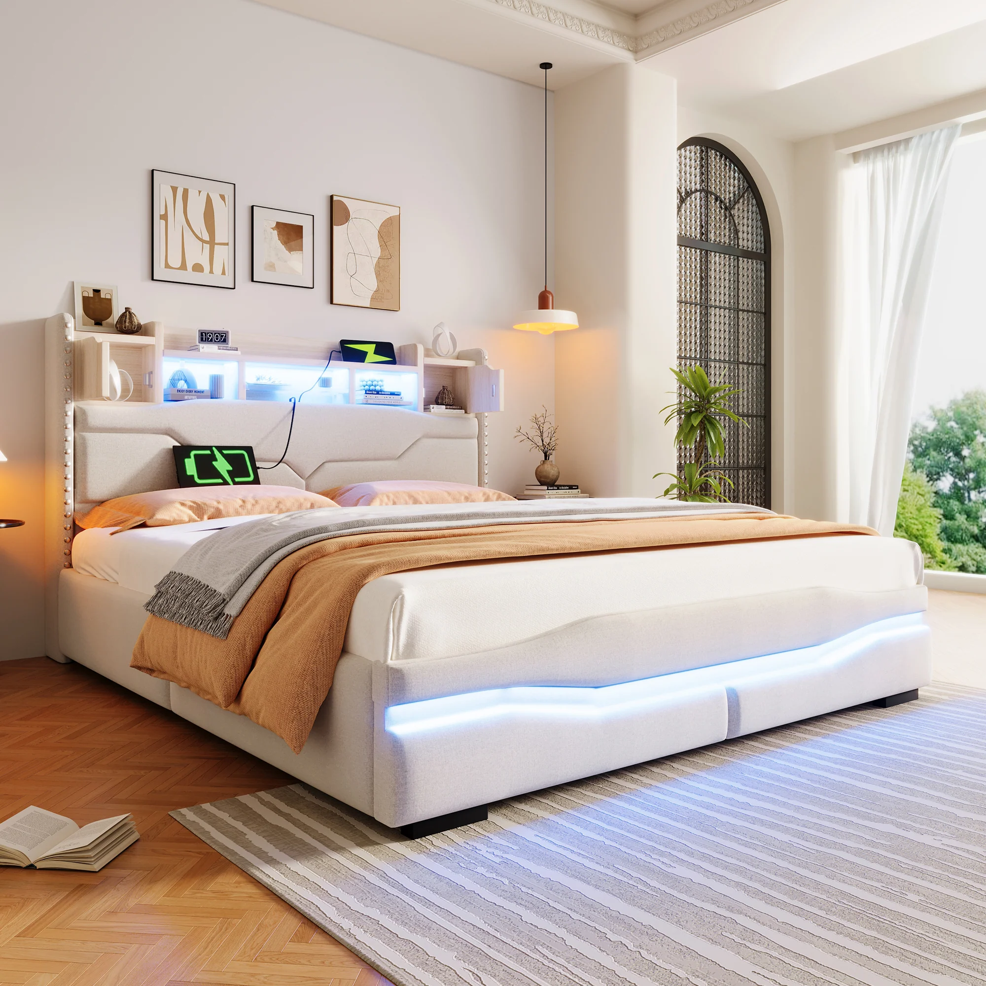Upholstered Bed 160x200cm Hydraulic Storage Headboard with USB-C & LED Lights Beige - Image 2