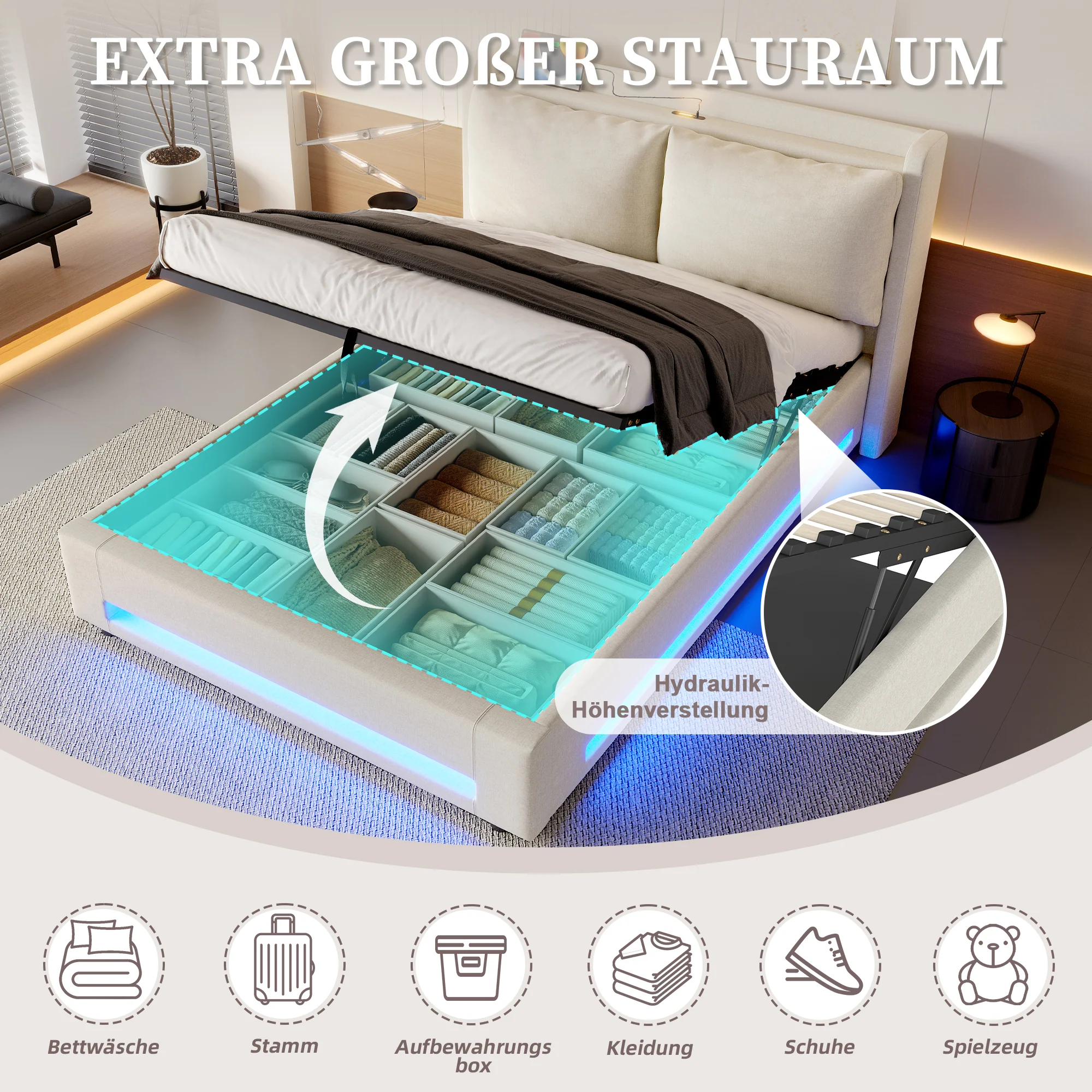 Upholstered Bed 160x200cm Storage Removable Cushion USB-C LED Light - Beige - Image 4