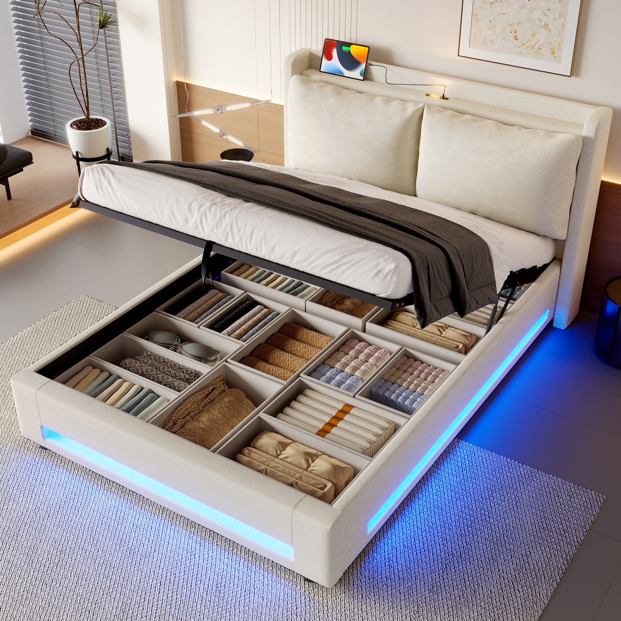 Upholstered Bed 160x200cm Storage Removable Cushion USB-C LED Light - Beige - Image 6