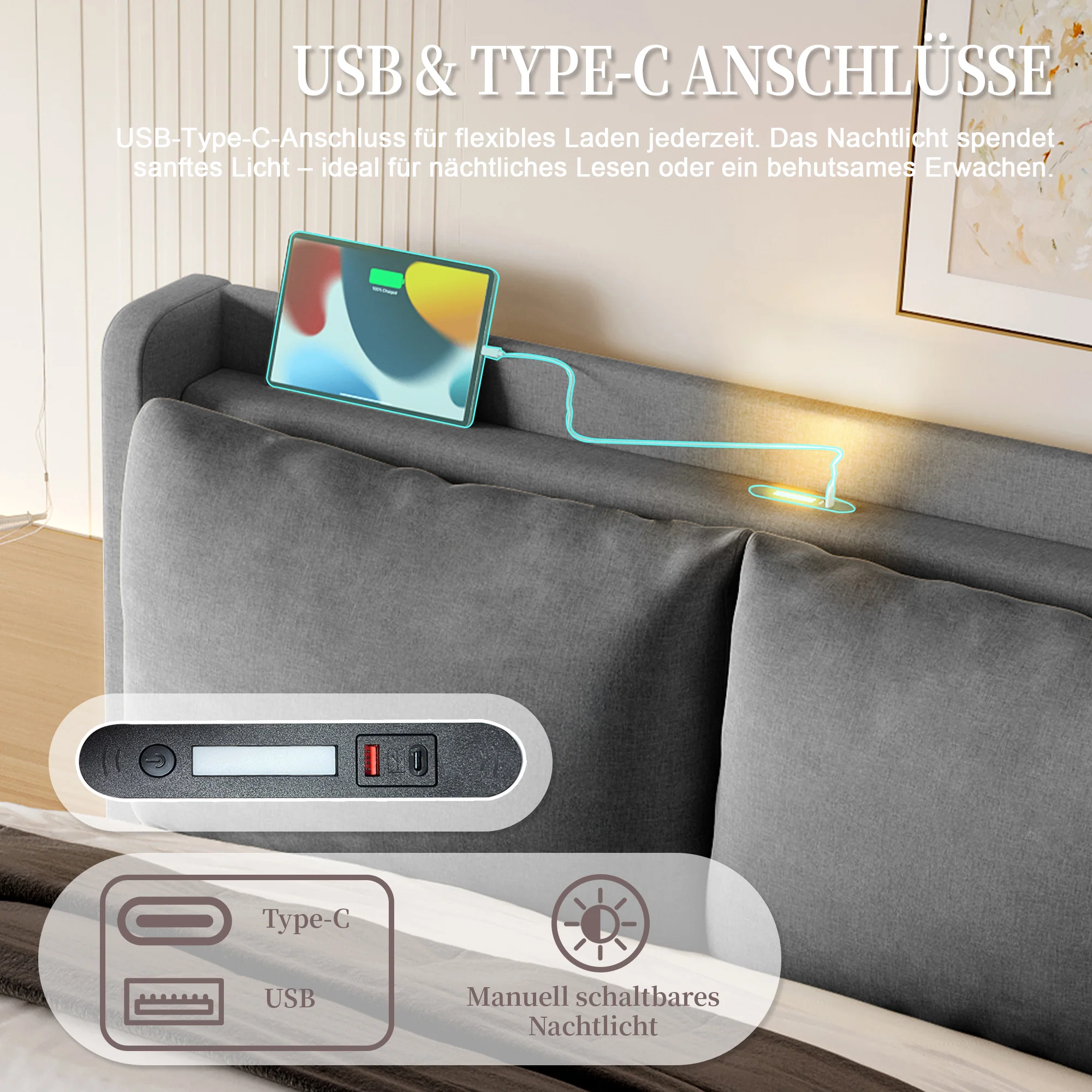 Upholstered Bed 160x200cm with Stylish Headboard, Storage, USB-C Ports, and LED Lighting - Image 10