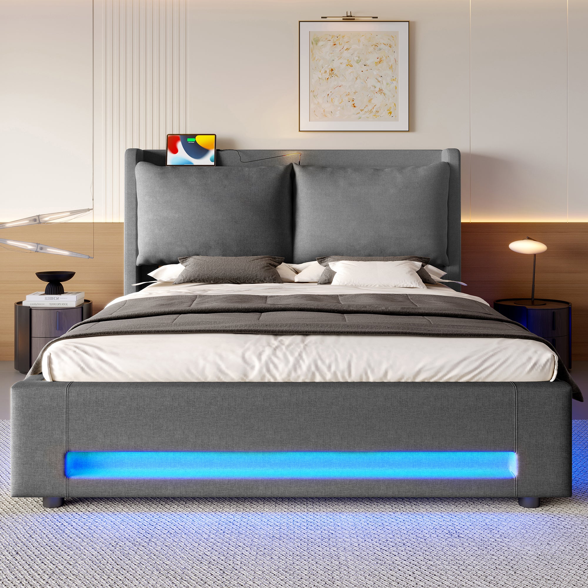 Upholstered Bed 160x200cm with Stylish Headboard, Storage, USB-C Ports, and LED Lighting - Image 3