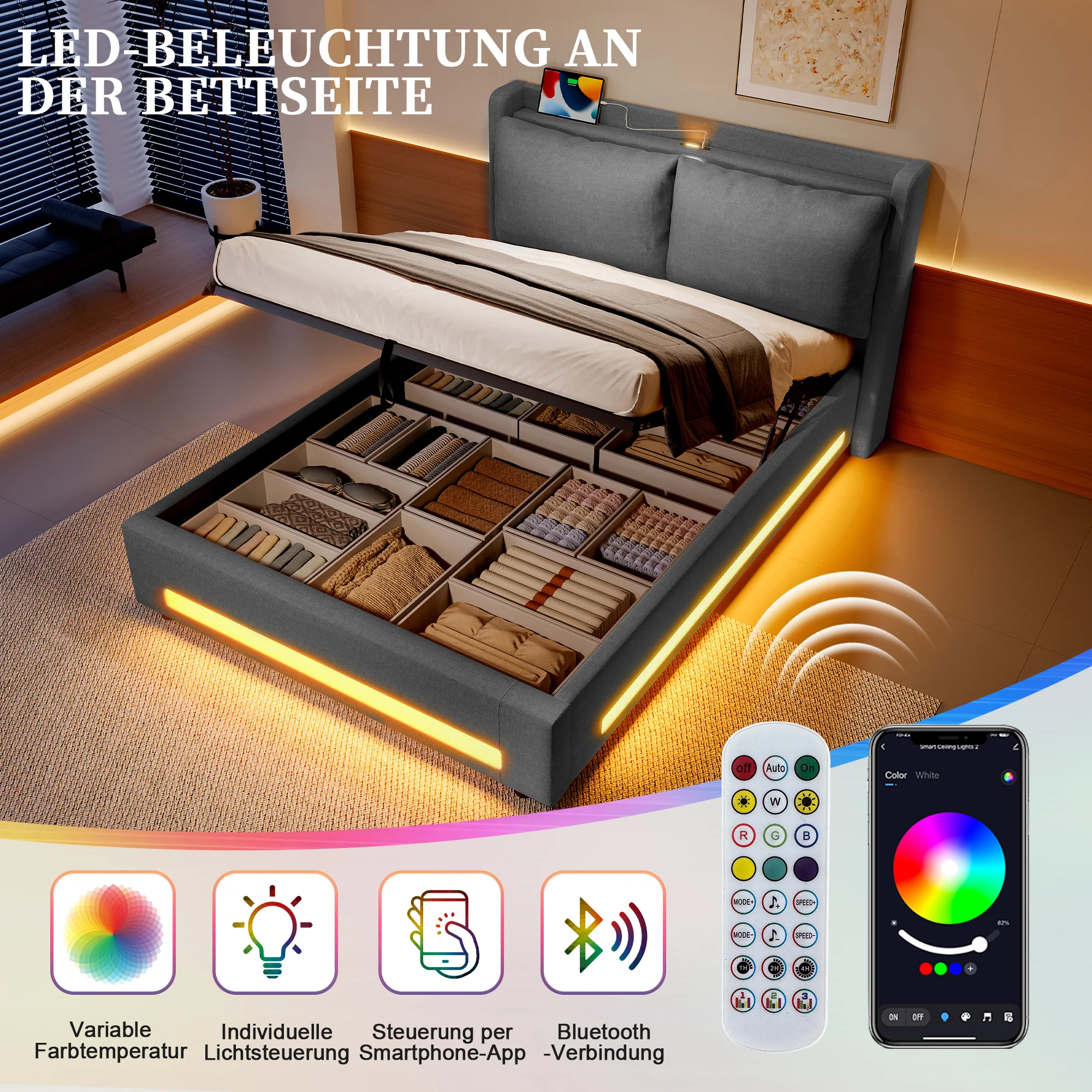 Upholstered Bed 160x200cm with Stylish Headboard, Storage, USB-C Ports, and LED Lighting - Image 7