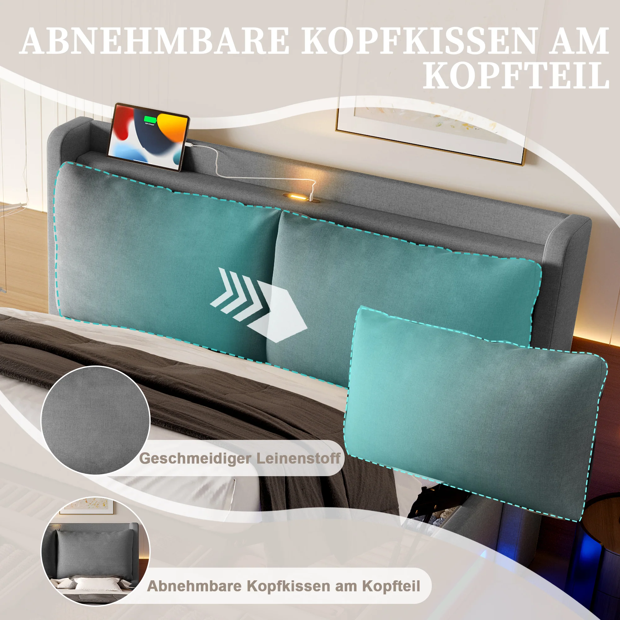 Upholstered Bed 160x200cm with Stylish Headboard, Storage, USB-C Ports, and LED Lighting - Image 8