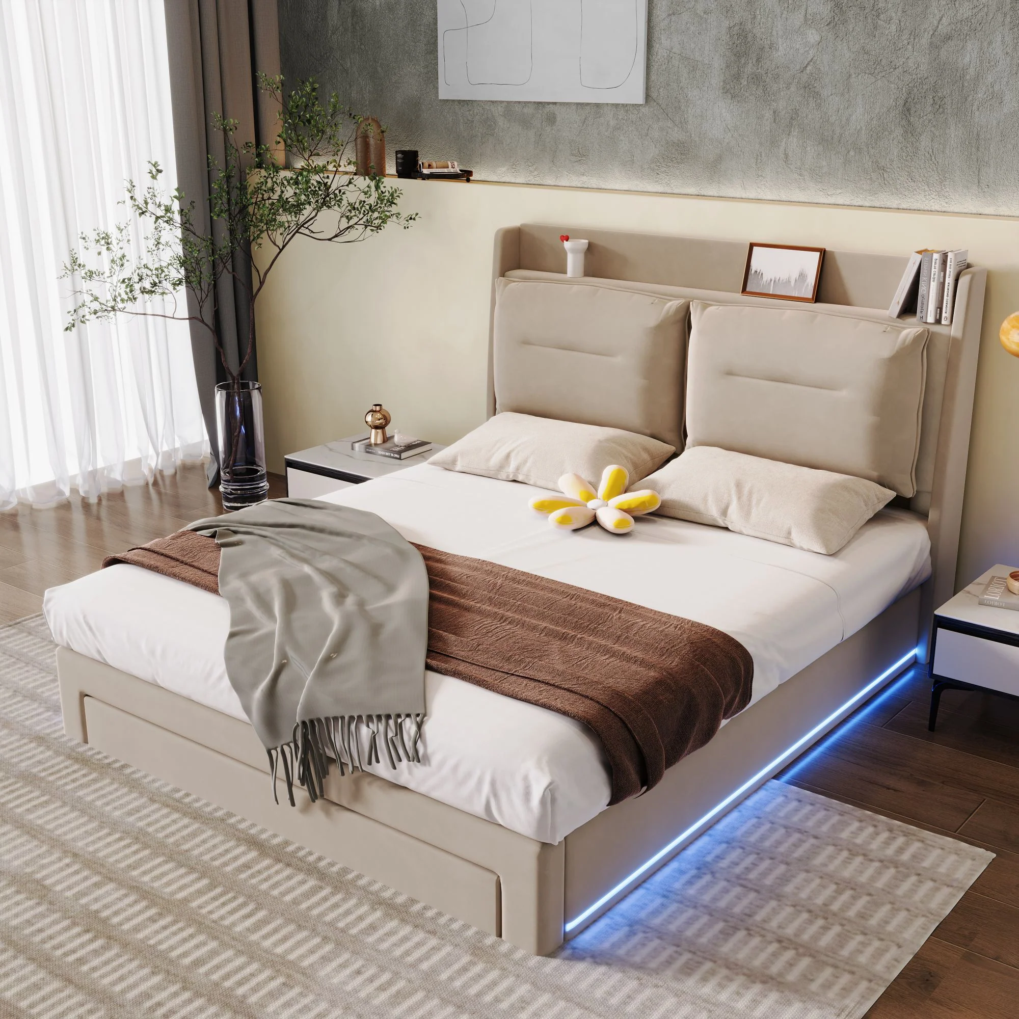 Upholstered Bed 180x200 Hydraulic Storage Drawers LED Light - Velvet Beige - Image 3