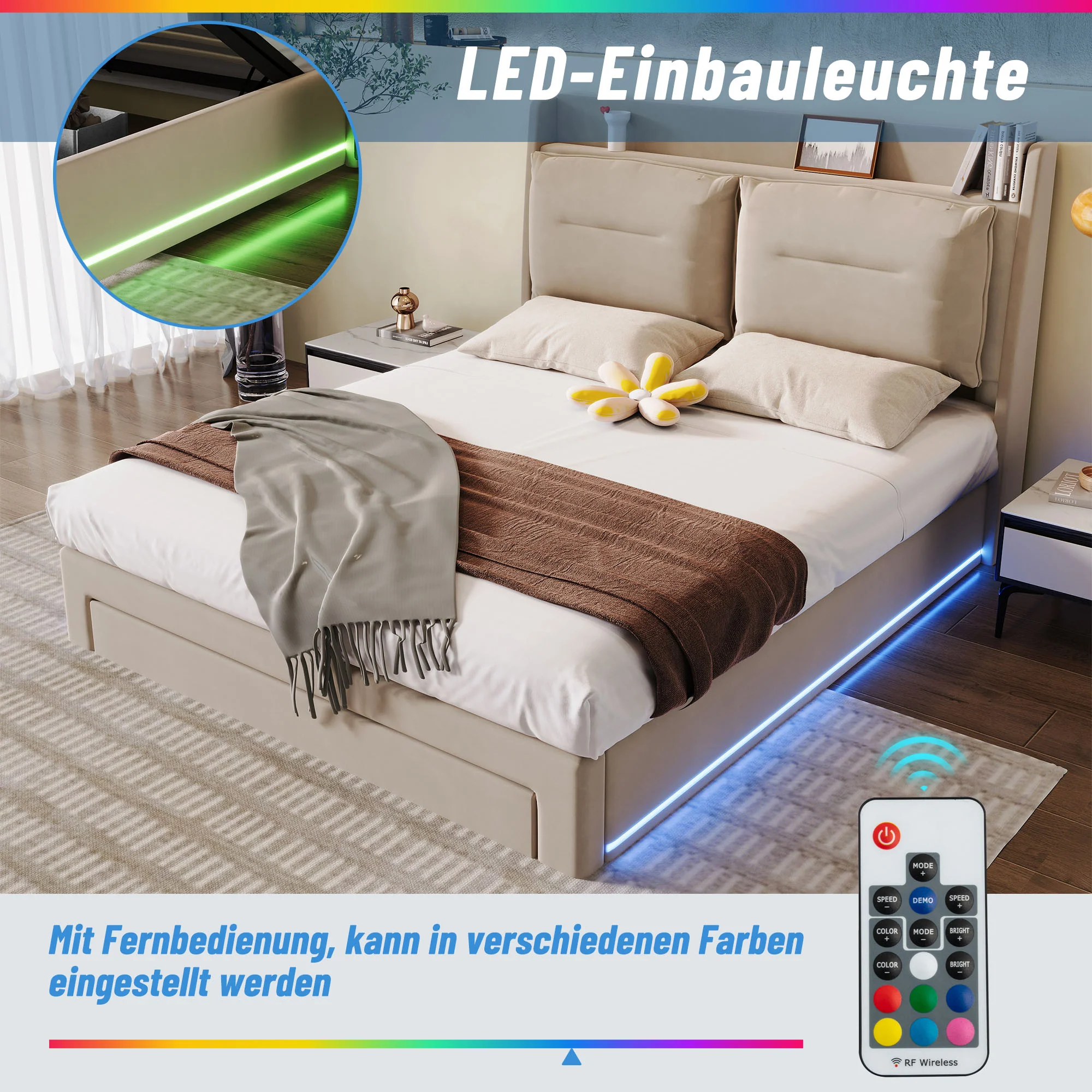 Upholstered Bed 180x200 Hydraulic Storage Drawers LED Light - Velvet Beige - Image 4