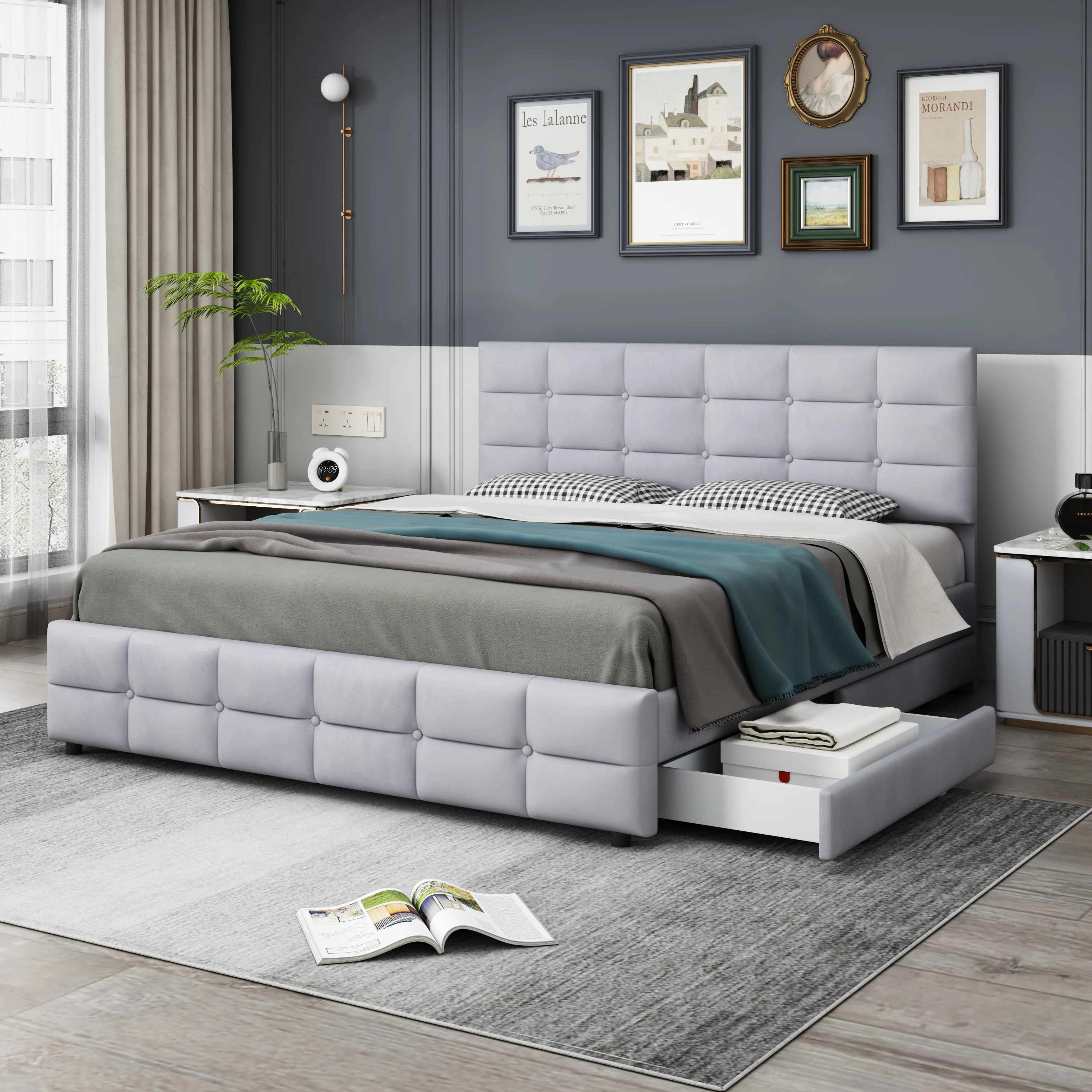 Upholstered Bed, 180x200cm Double with 4 Drawers & Slatted Frame, Grey Velvet
