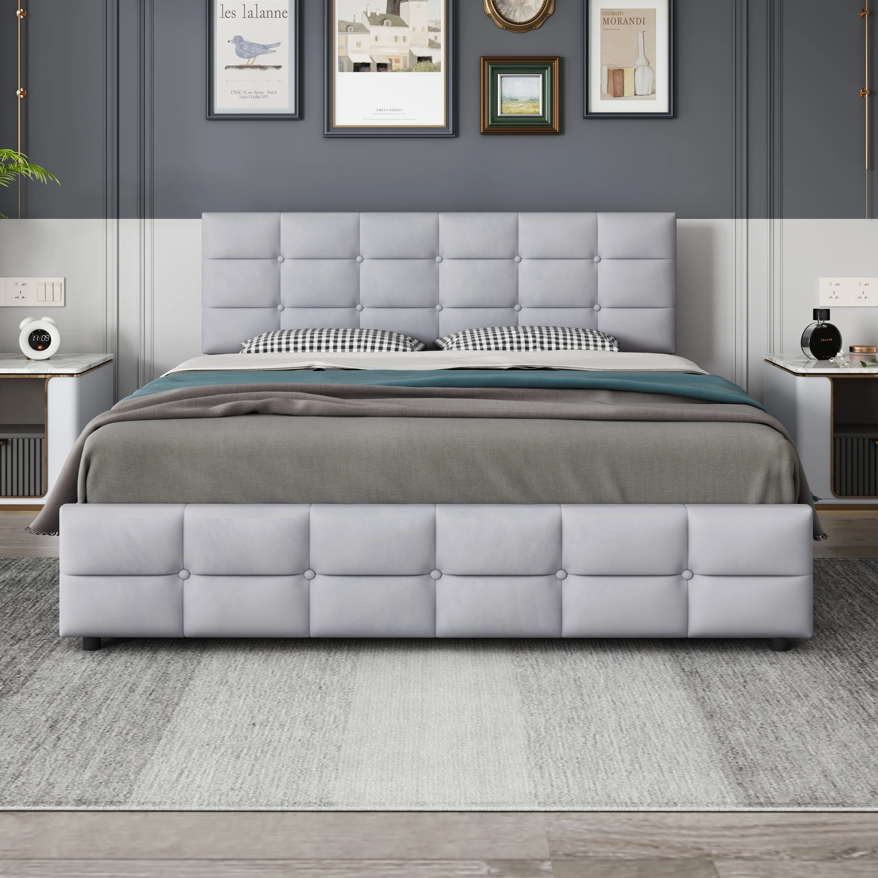 Upholstered Bed, 180x200cm Double with 4 Drawers & Slatted Frame, Grey Velvet - Image 2
