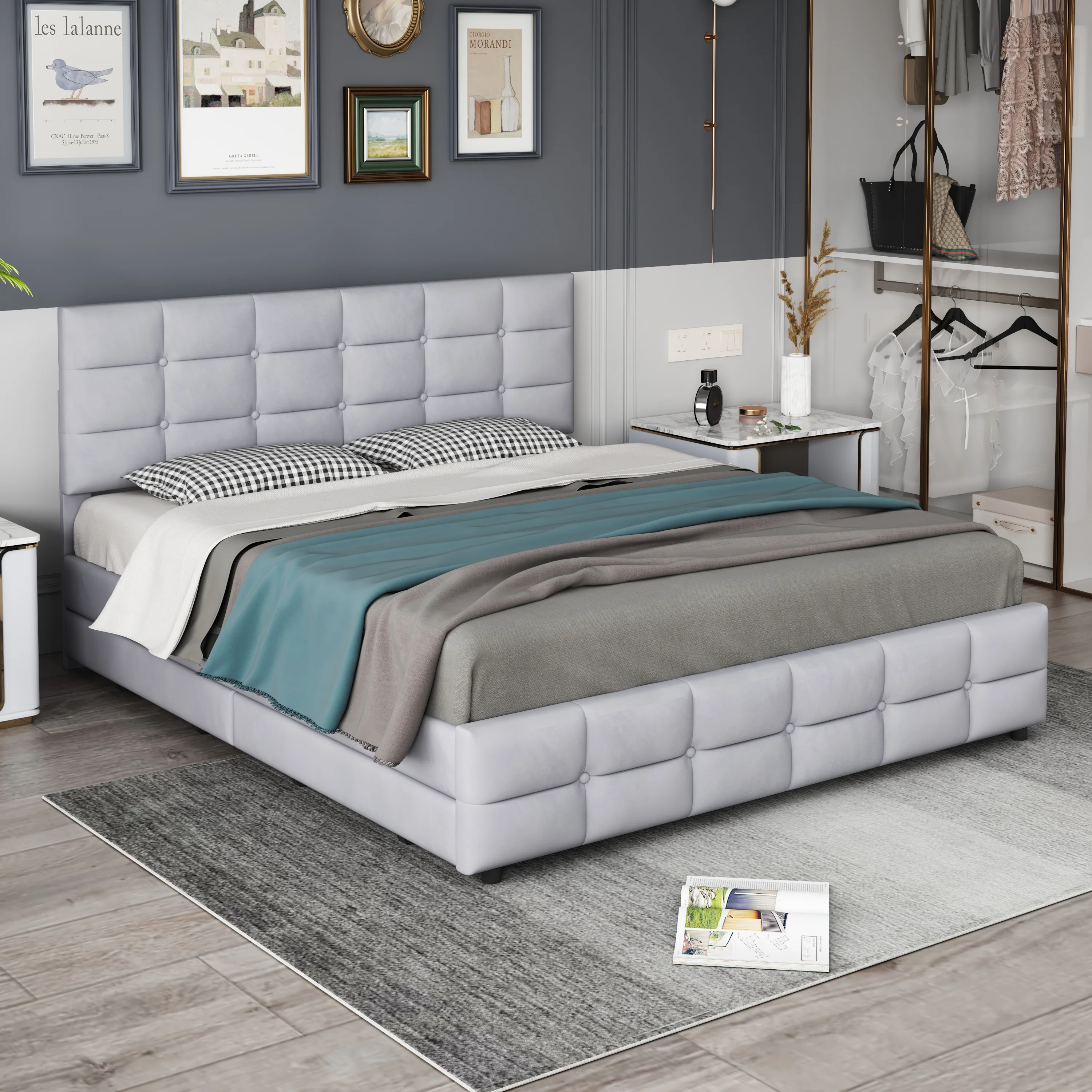 Upholstered Bed, 180x200cm Double with 4 Drawers & Slatted Frame, Grey Velvet - Image 3