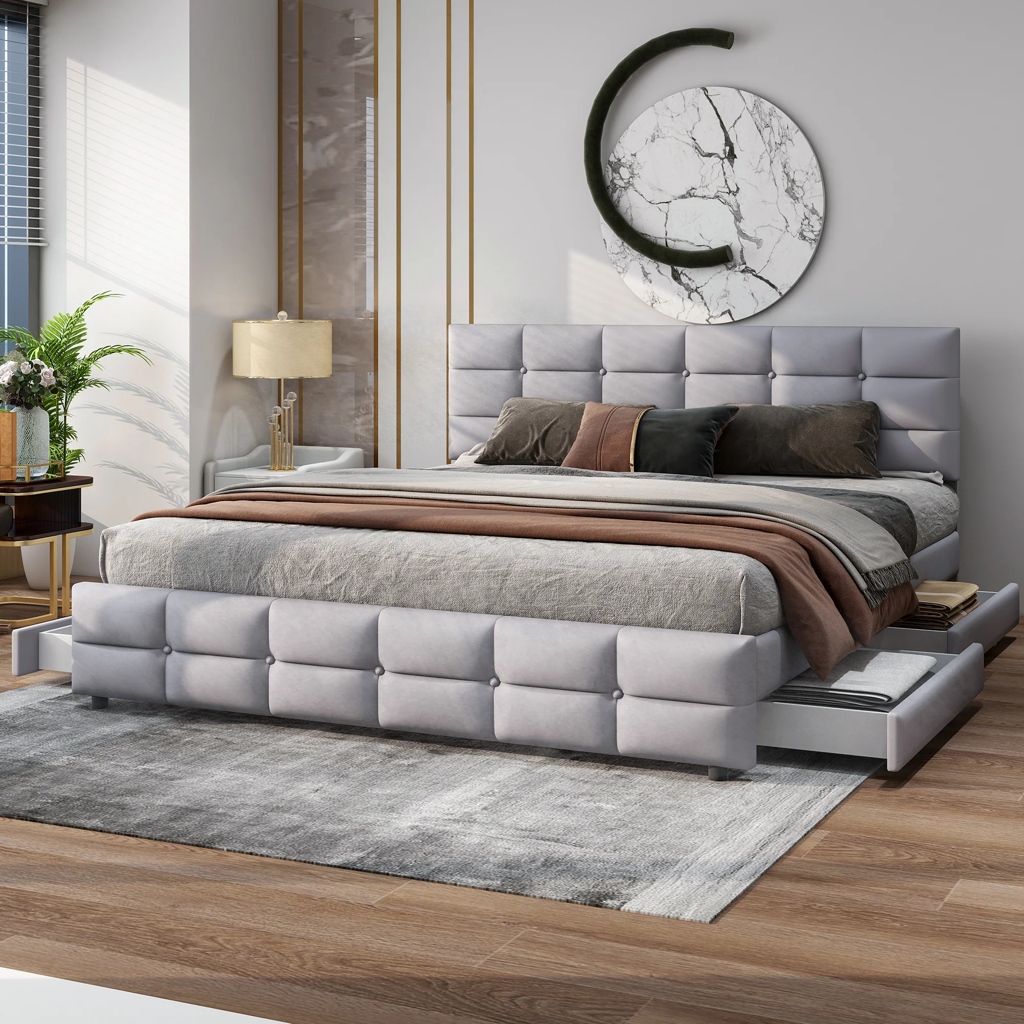 Upholstered Bed, 180x200cm Double with 4 Drawers & Slatted Frame, Grey Velvet - Image 4