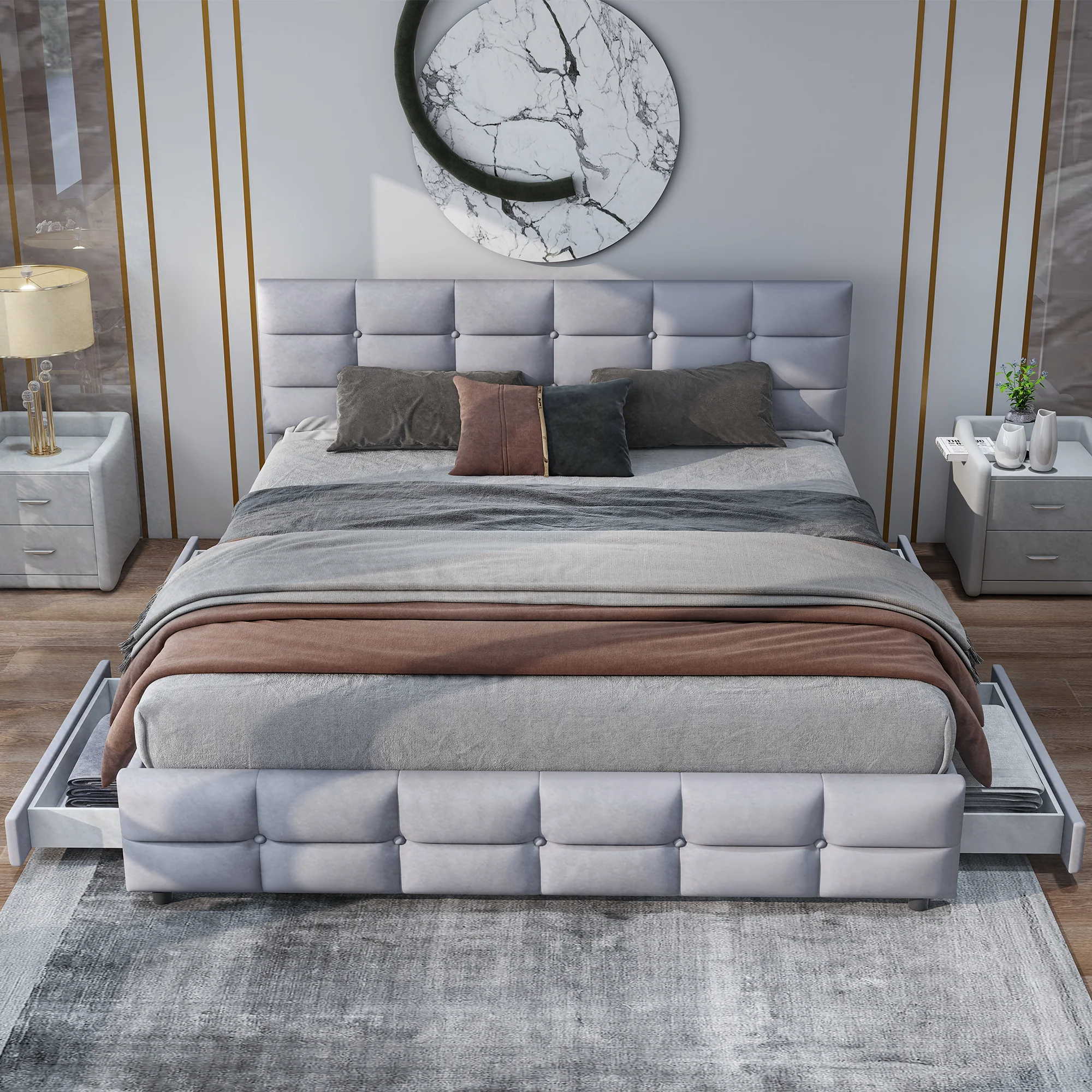 Upholstered Bed, 180x200cm Double with 4 Drawers & Slatted Frame, Grey Velvet - Image 5