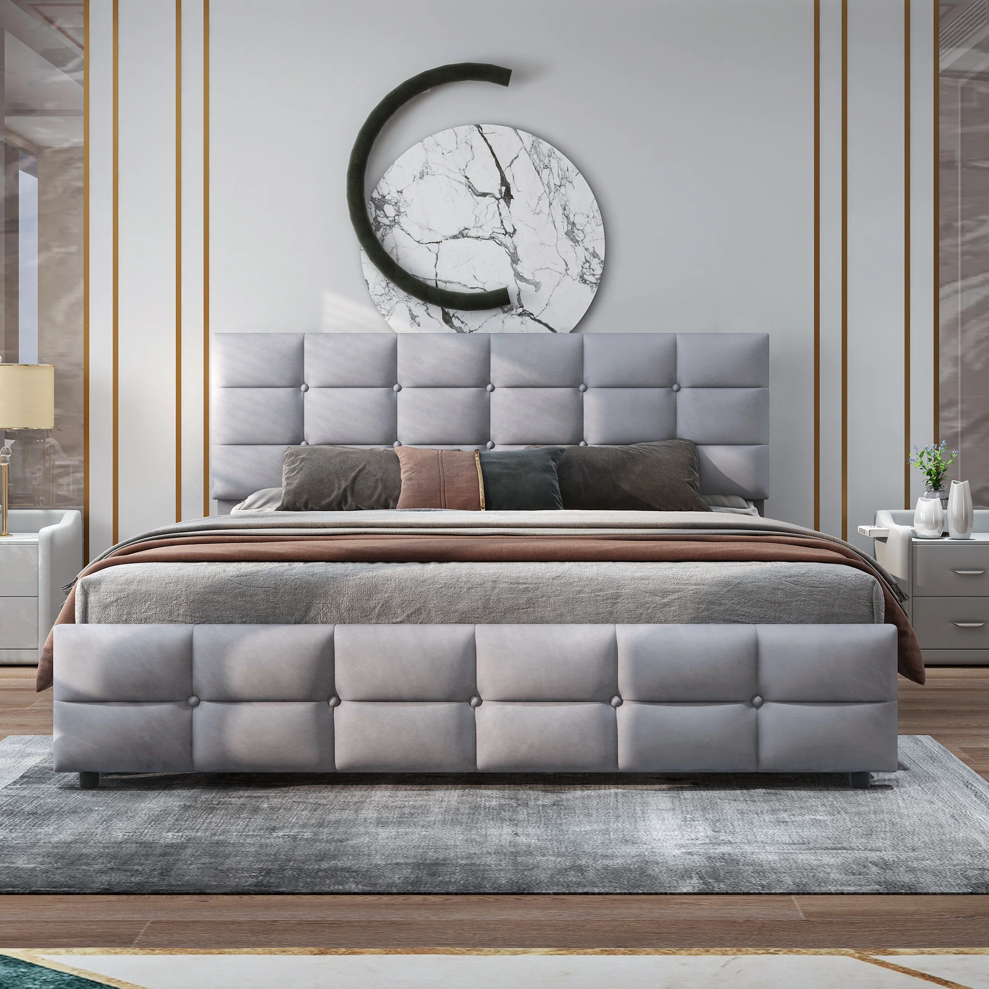 Upholstered Bed, 180x200cm Double with 4 Drawers & Slatted Frame, Grey Velvet - Image 6