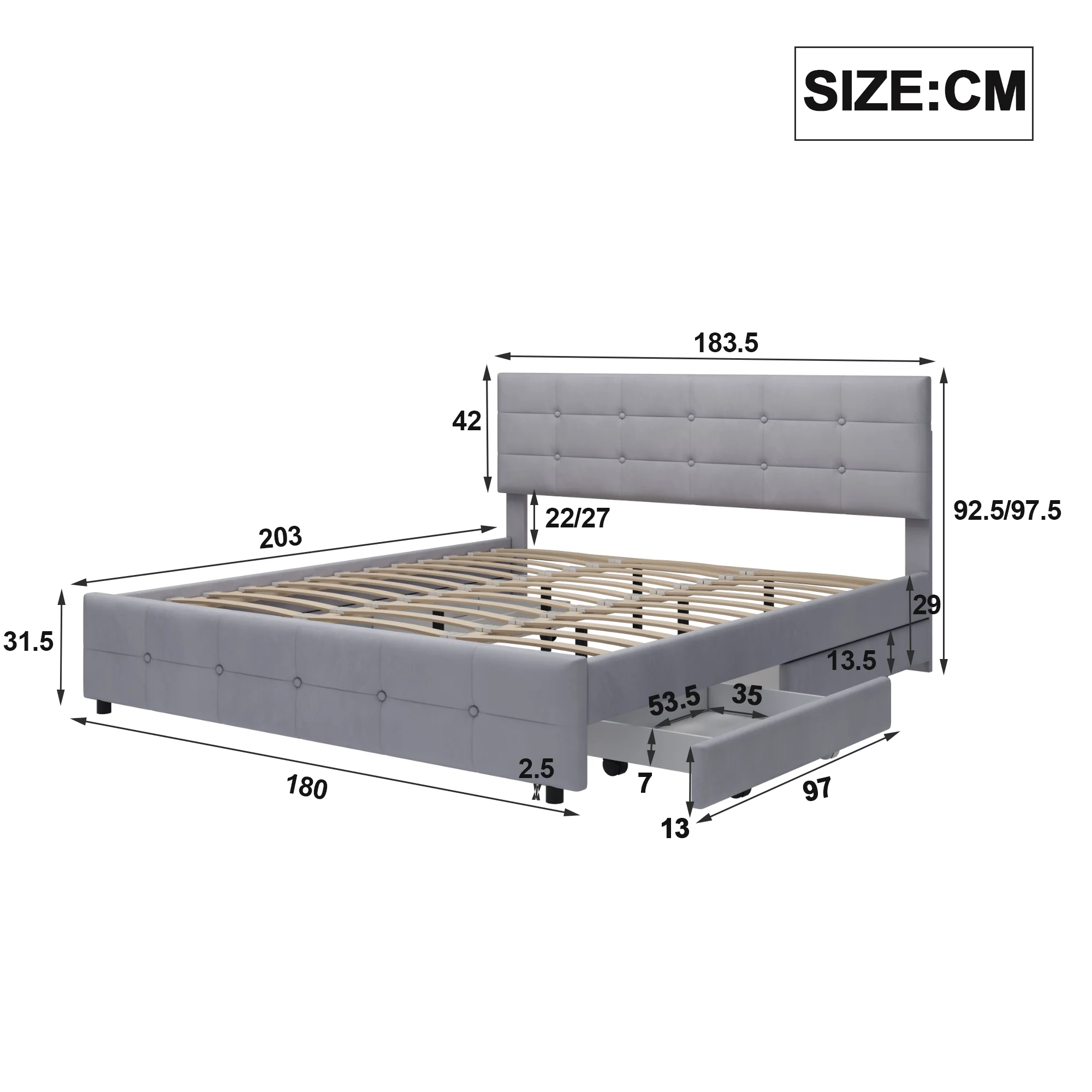 Upholstered Bed, 180x200cm Double with 4 Drawers & Slatted Frame, Grey Velvet - Image 7