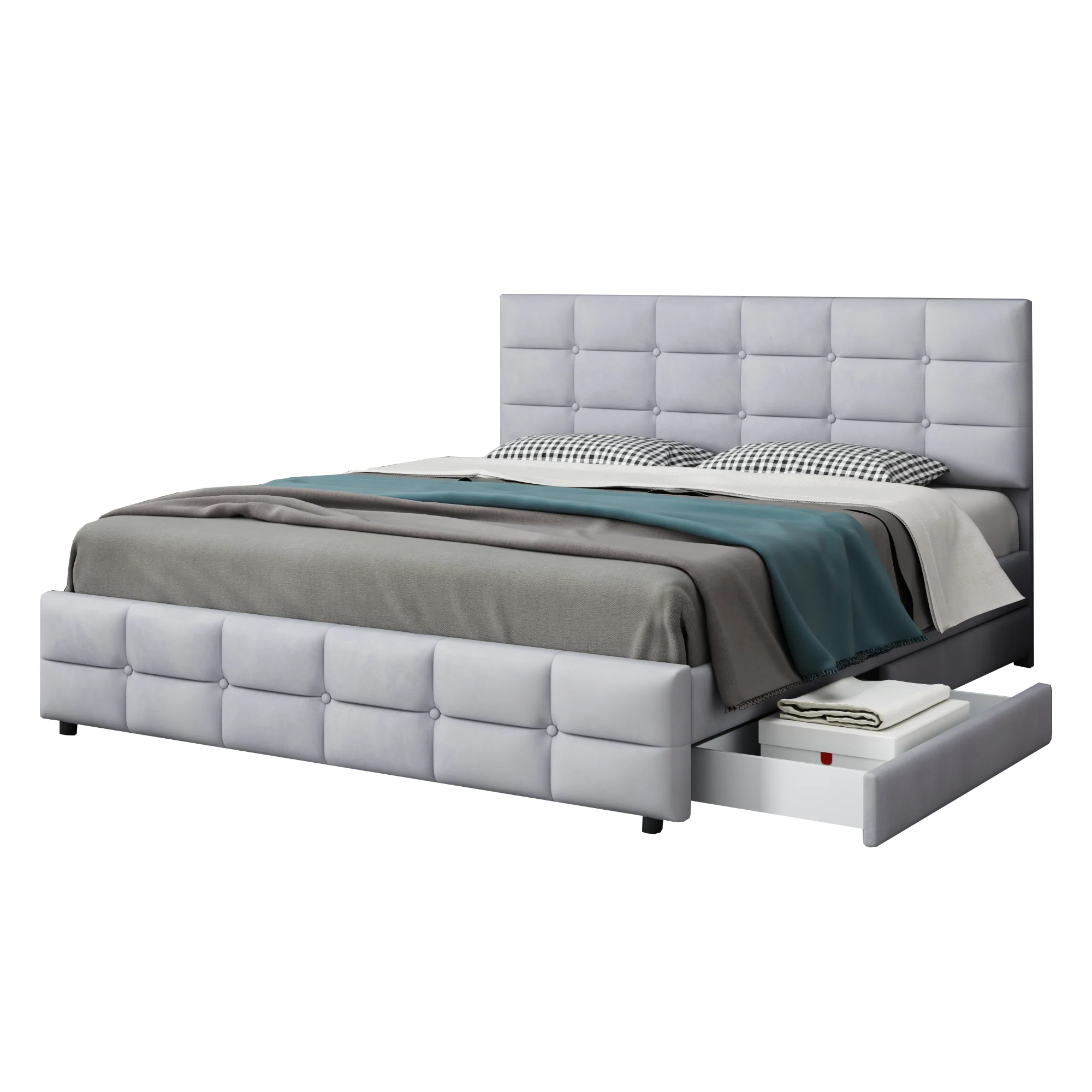 Upholstered Bed, 180x200cm Double with 4 Drawers & Slatted Frame, Grey Velvet - Image 8
