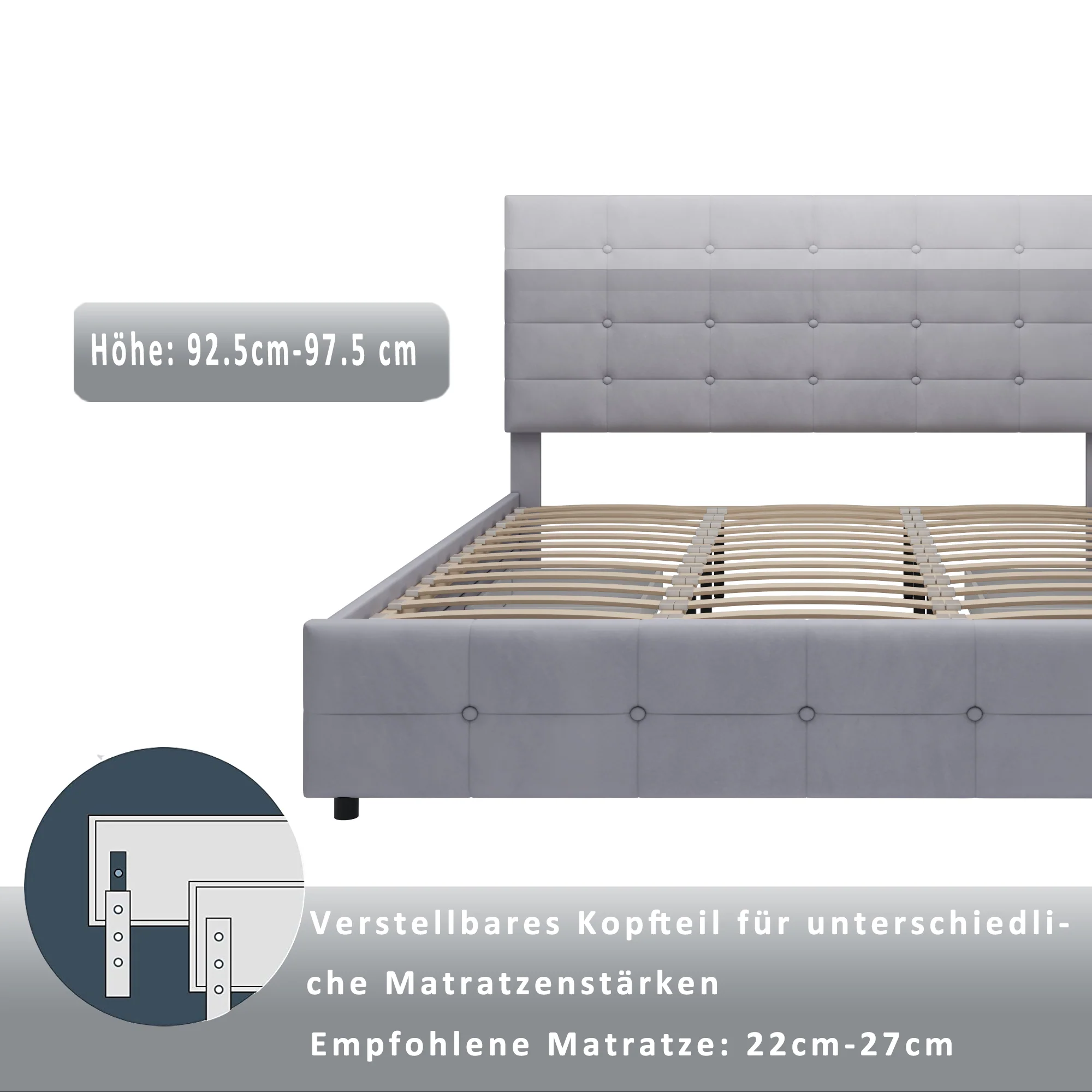 Upholstered Bed, 180x200cm Double with 4 Drawers & Slatted Frame, Grey Velvet - Image 9